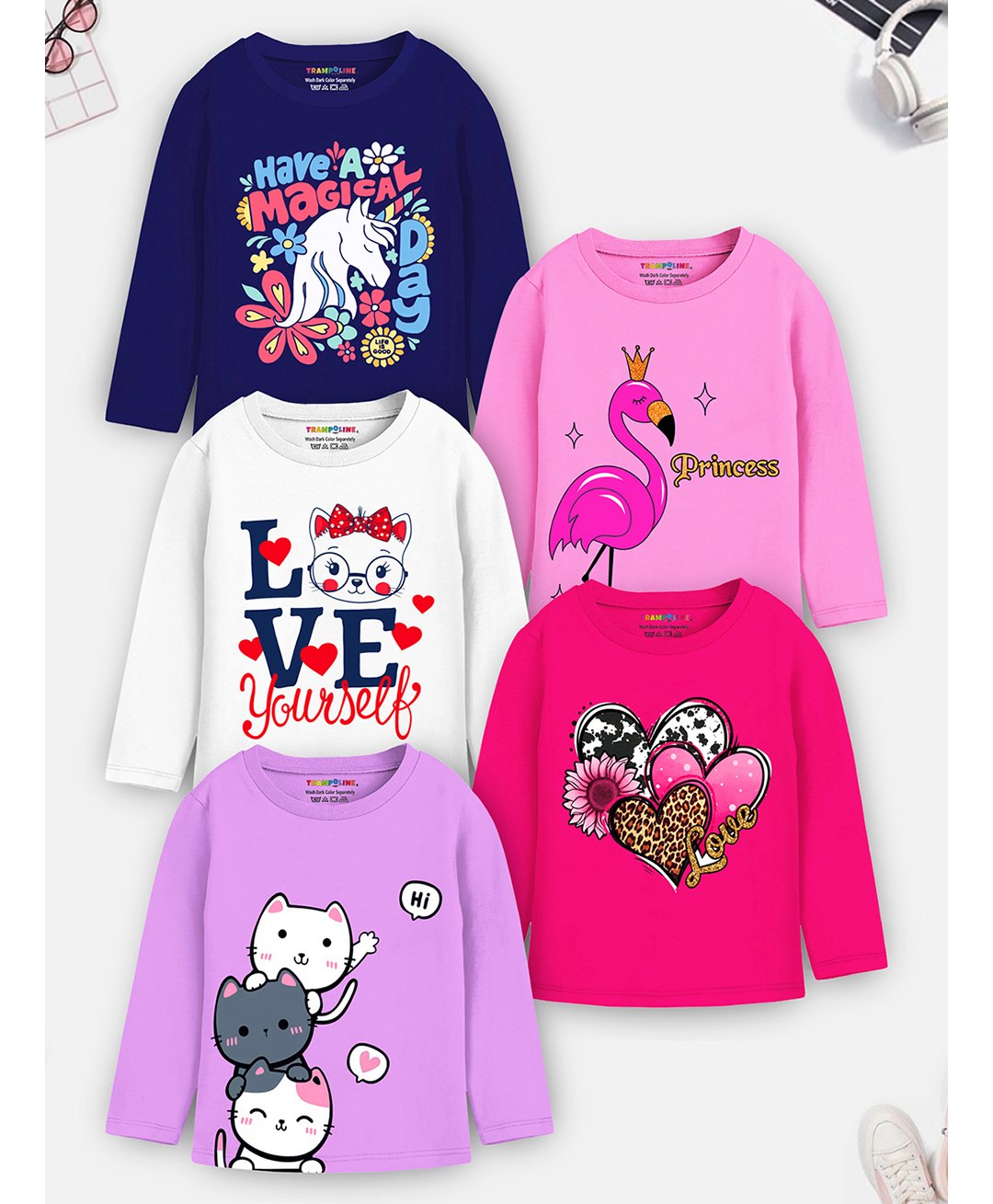 Trampoline Cotton Blend Pack Of 5 Full Sleeves Cats & Typography Printed Tees - Multi Colour-picture-38