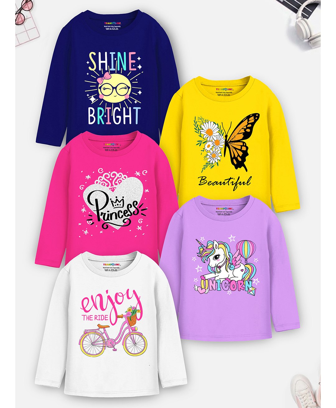 Trampoline Cotton Blend Pack Of 5 Full Sleeves Princess Text & Unicorn Printed Tees - Multi Colour-image-46