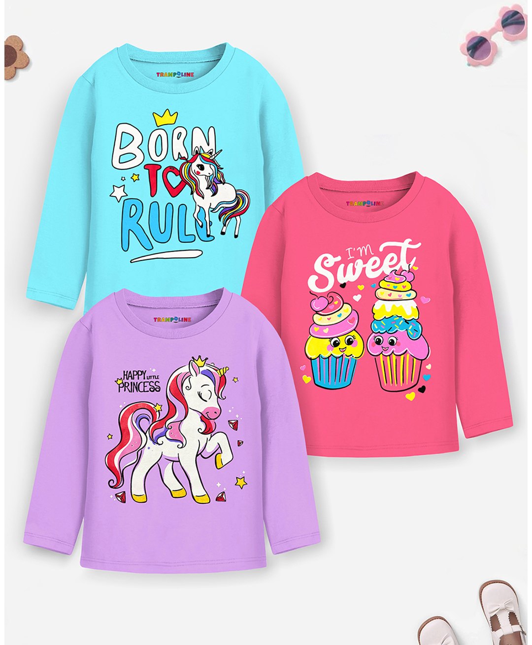 Trampoline Cotton Blend Pack Of 3 Full Sleeves I M Sweet Text & Unicorn Printed Tees - Pink Blue & Purple-picture-16