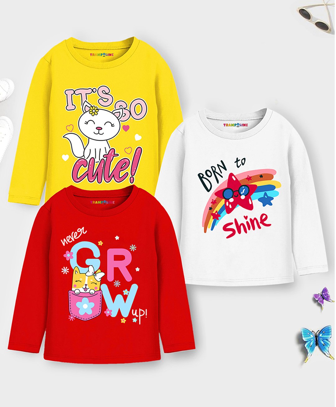 Trampoline Cotton Blend Pack Of 3 Full Sleeves Born To Shine Text & Cat Printed Tees - Red Yellow & White-picture-32