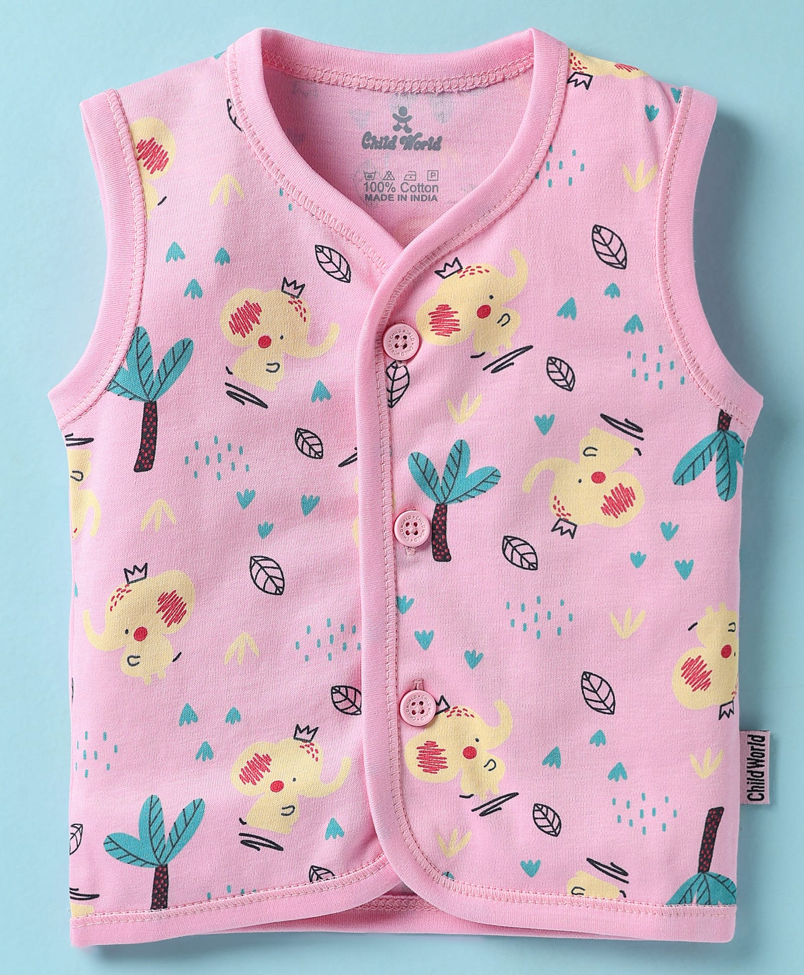 Child World Interlock Knit Sleeveless Front Open Jhabla with Jungle Theme Print - Pink-picture-48
