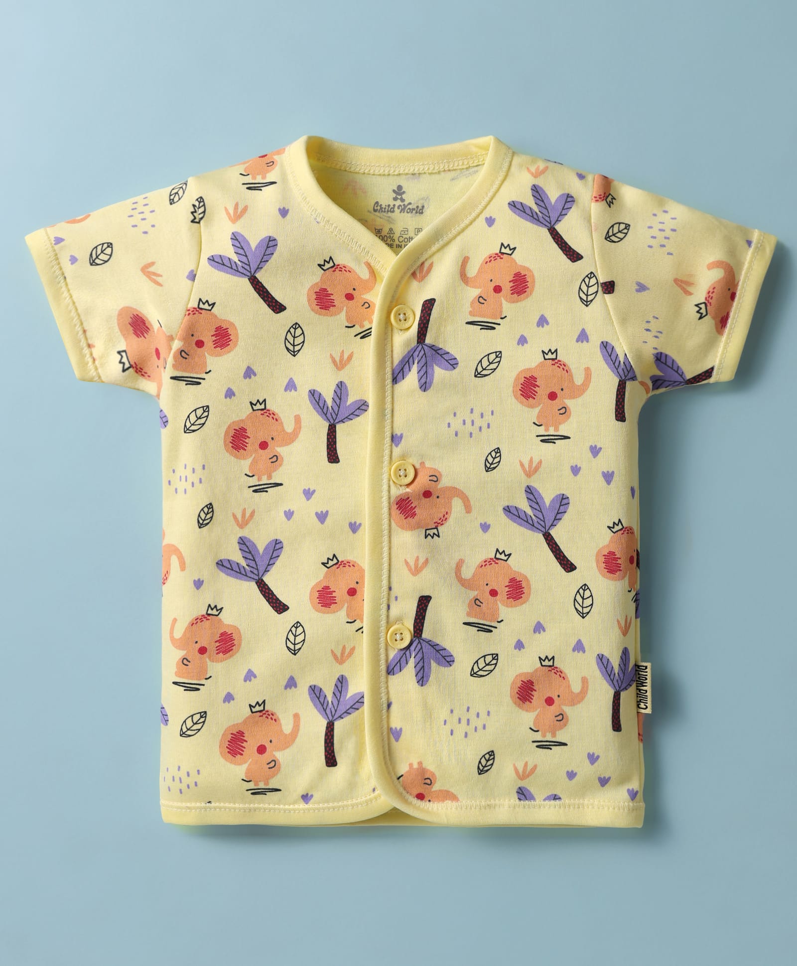 Child World Interlock Knit Half Sleeves Front Open Jhabla With Elephant Print - Lemon-picture-19