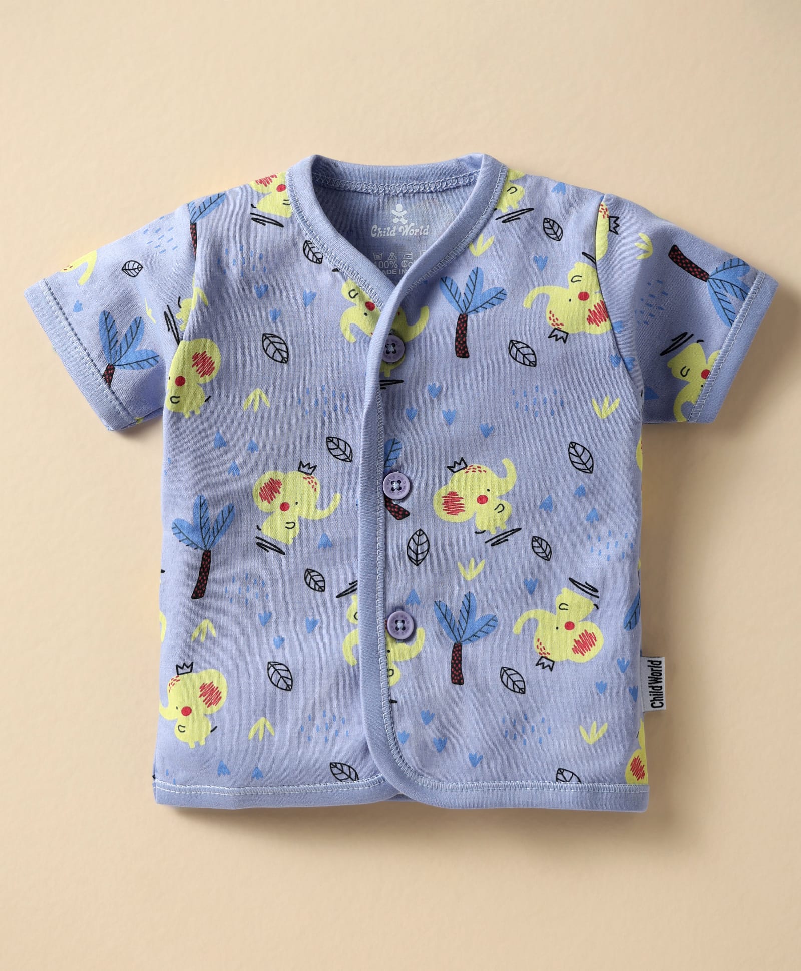 Child World Interlock Knit Half Sleeves Front Open Jhabla With Elephant Print - Mauve-picture-2