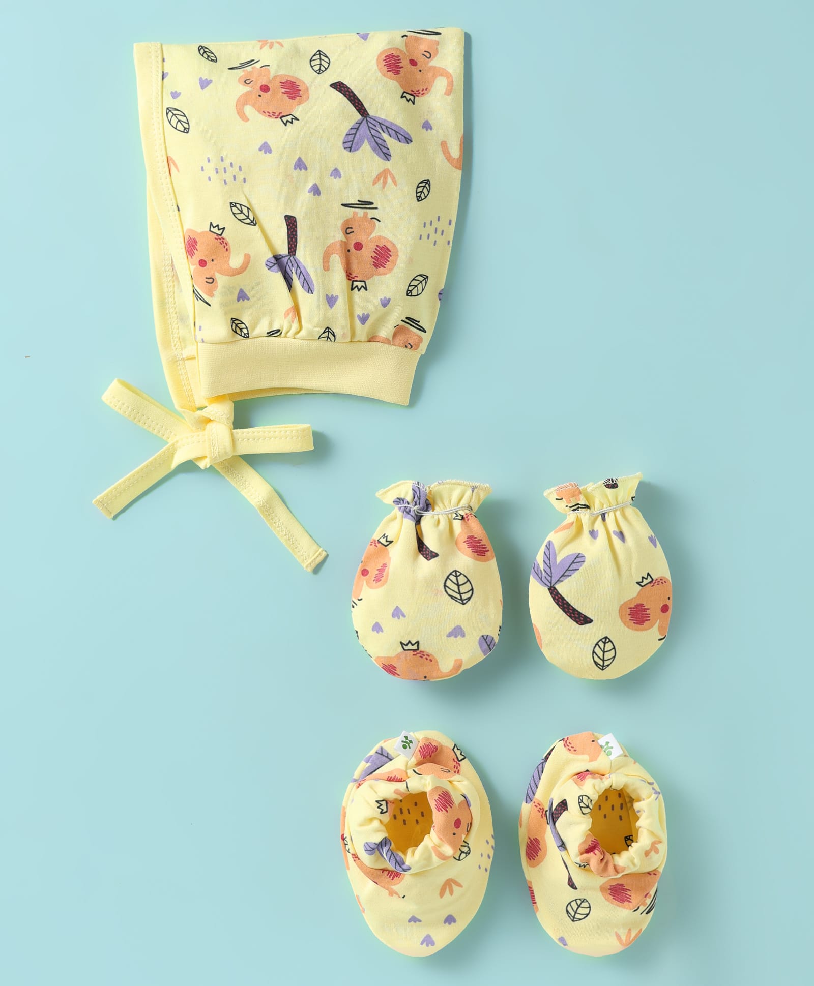 Child World Single Jersey Knit Cap Mitten & Booties Set with Elephant Print Yellow - Diameter 18 cm-picture-11