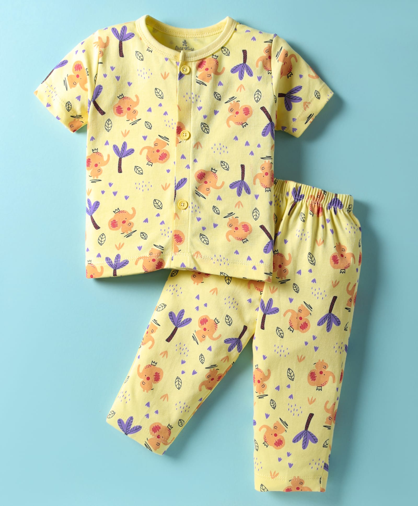 Child World Interlock Knit Front Open Half Sleeves Co-ords Night Suit With Animal Print - Yellow-picture-22