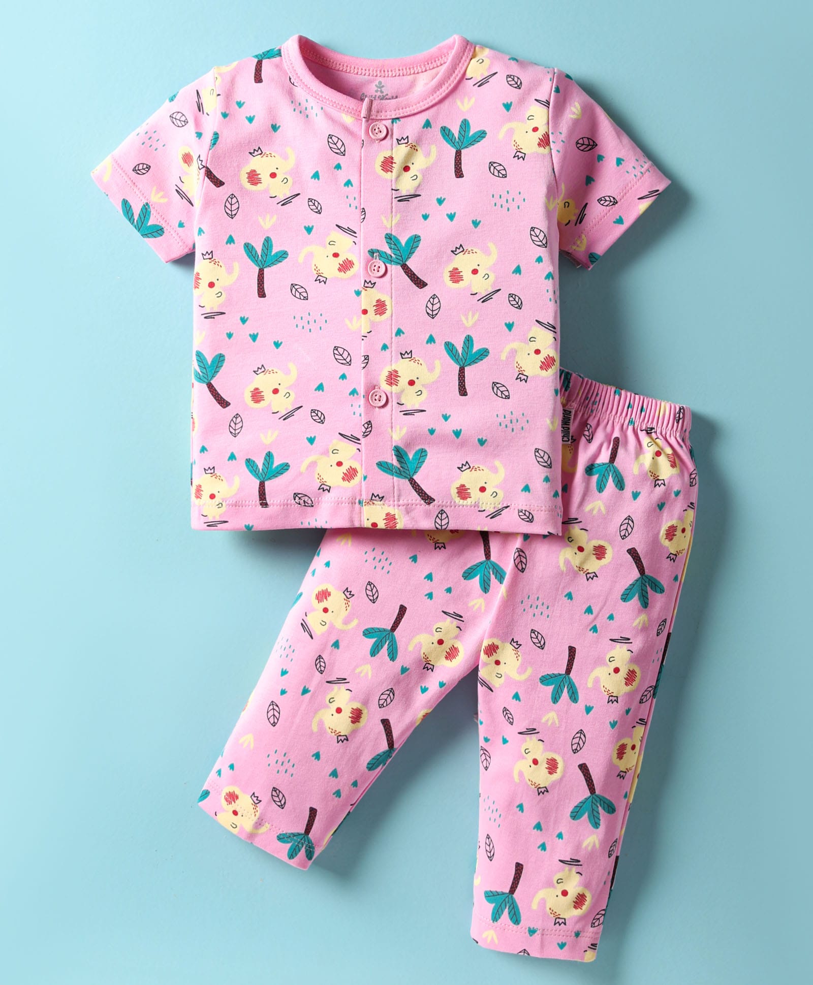 Child World Interlock Knit Front Open Half Sleeves Co-ords Night Suit With Animal Print - Pink-picture-23