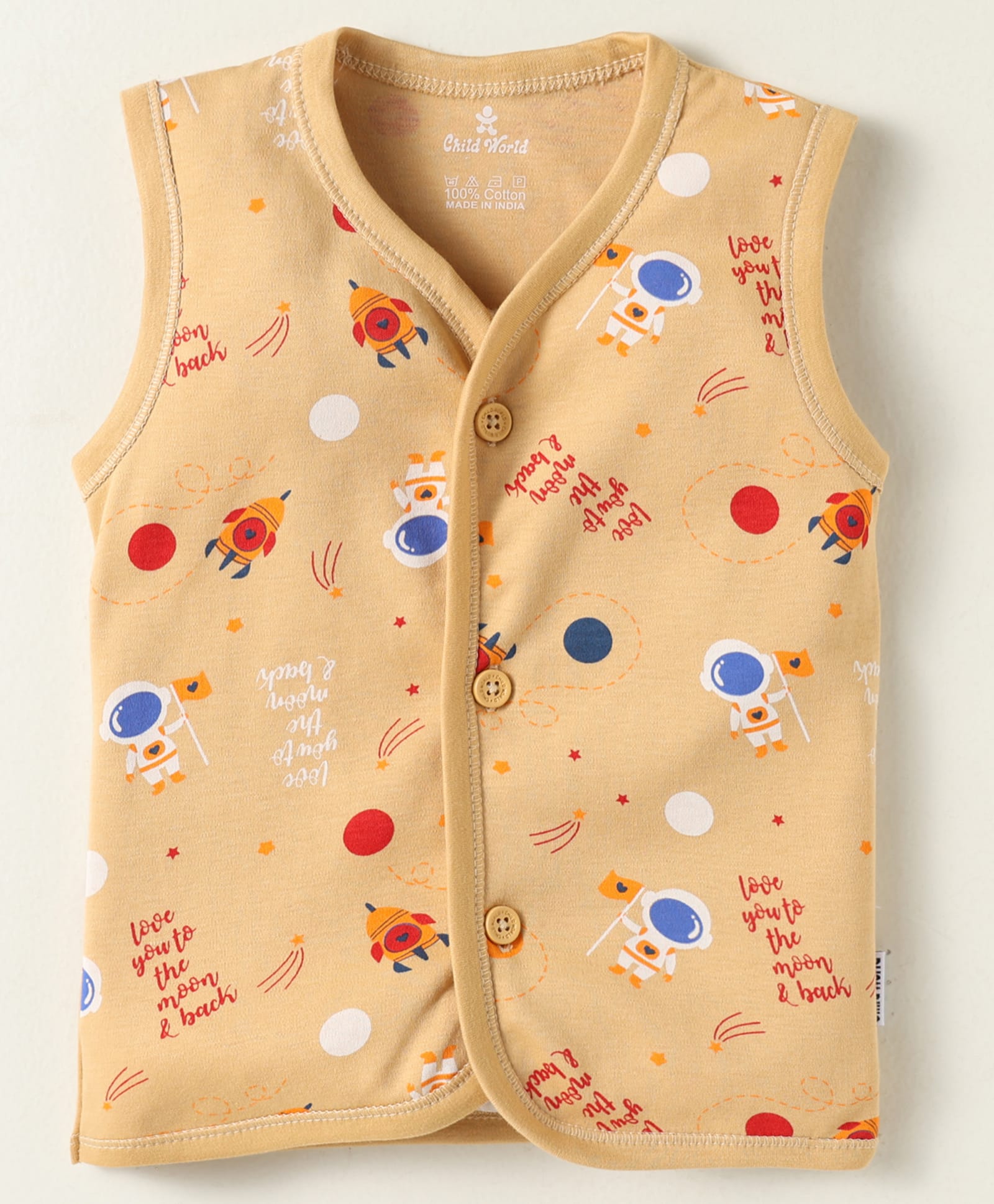 Child World Interlock Knit Front Open Sleeveless Jhablas With Space Theme Print -Peach-picture-43
