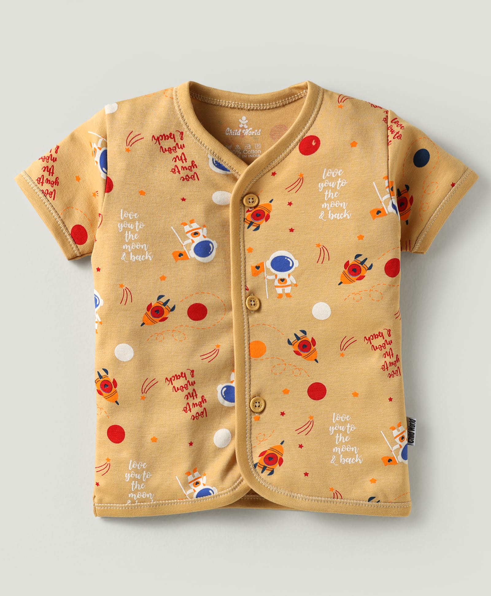 Child World Interlock Knit Half Sleeves Front Open Jhablas With Space Theme Print - Peach-picture-4
