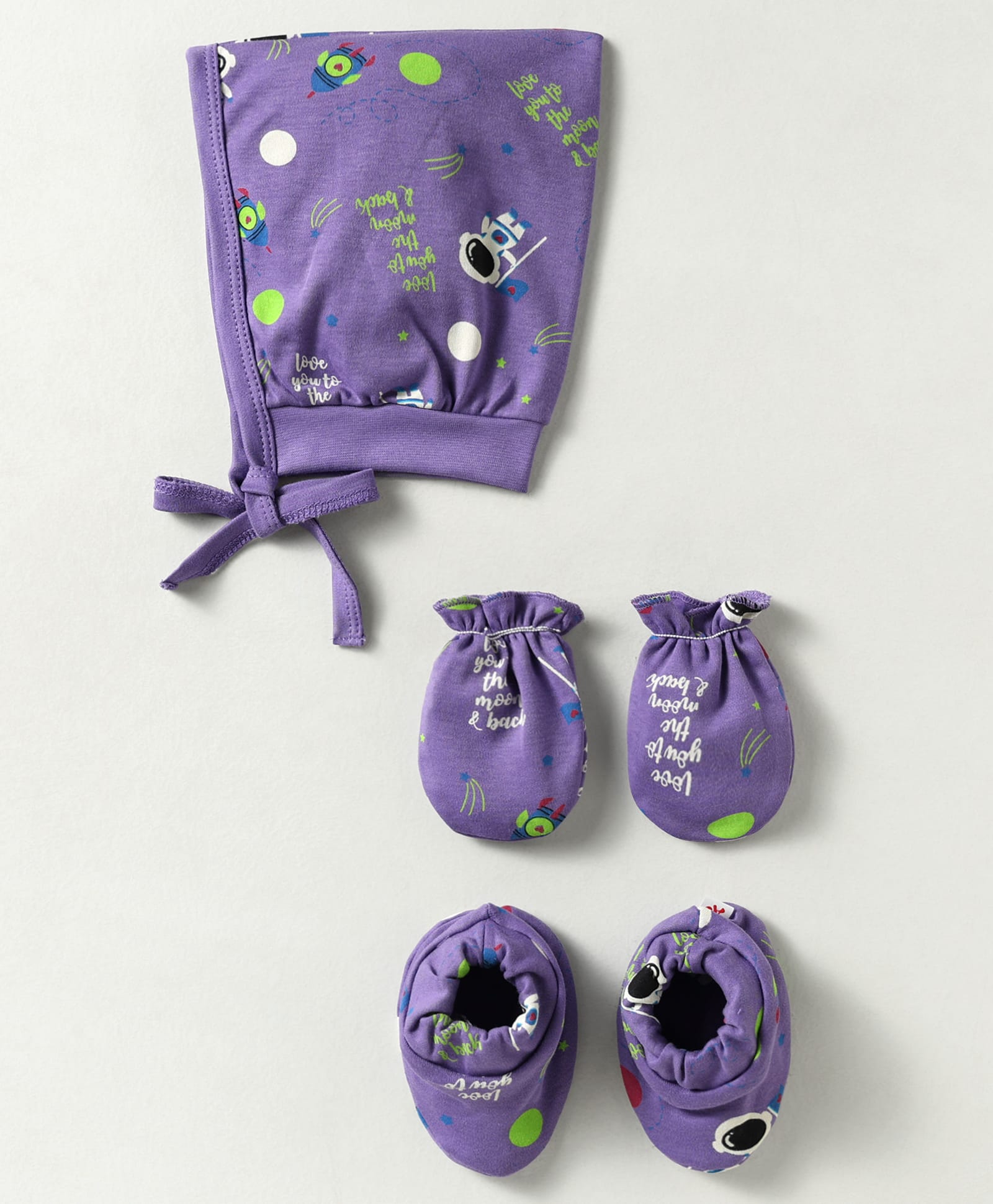 Child World Single Jersey Knit Caps Mitten & Booties Set with Astronaut Print Purple - Diameter 10 cm-picture-26