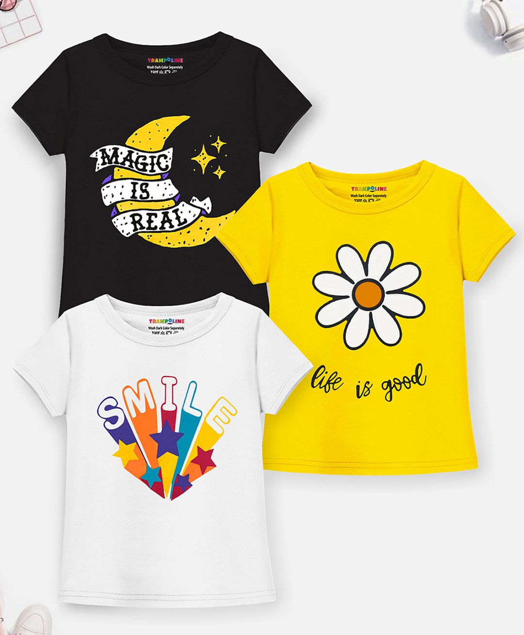 Trampoline Cotton Blend Pack Of 3 Half Sleeves Smile Text & Floral Printed Tees - Yellow Black & White-picture-35
