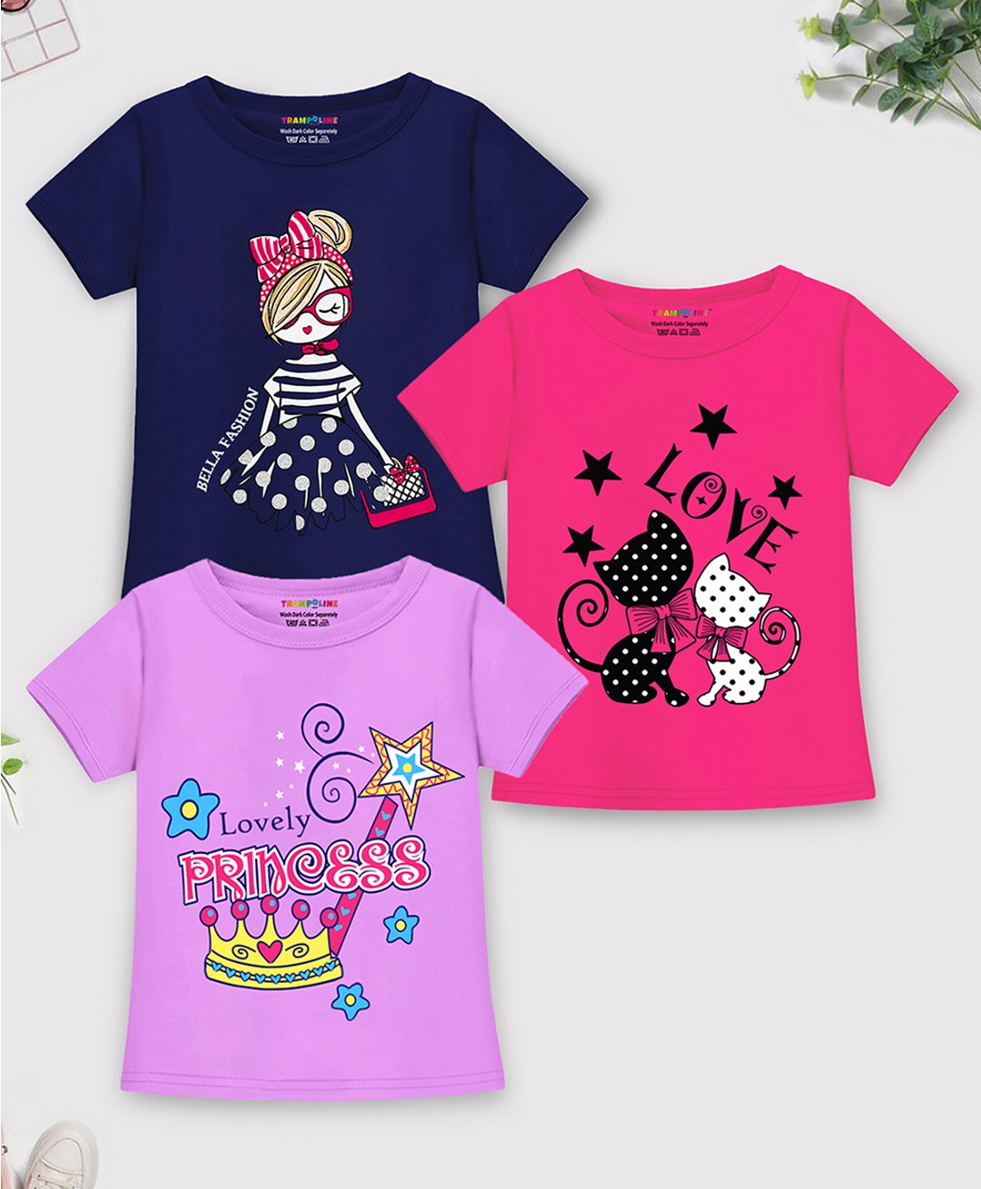 Trampoline Cotton Blend Pack Of 3 Half Sleeves Spread Lovely Princess Text & Cats Printed Tees - Blue Pink & Purple-image-29