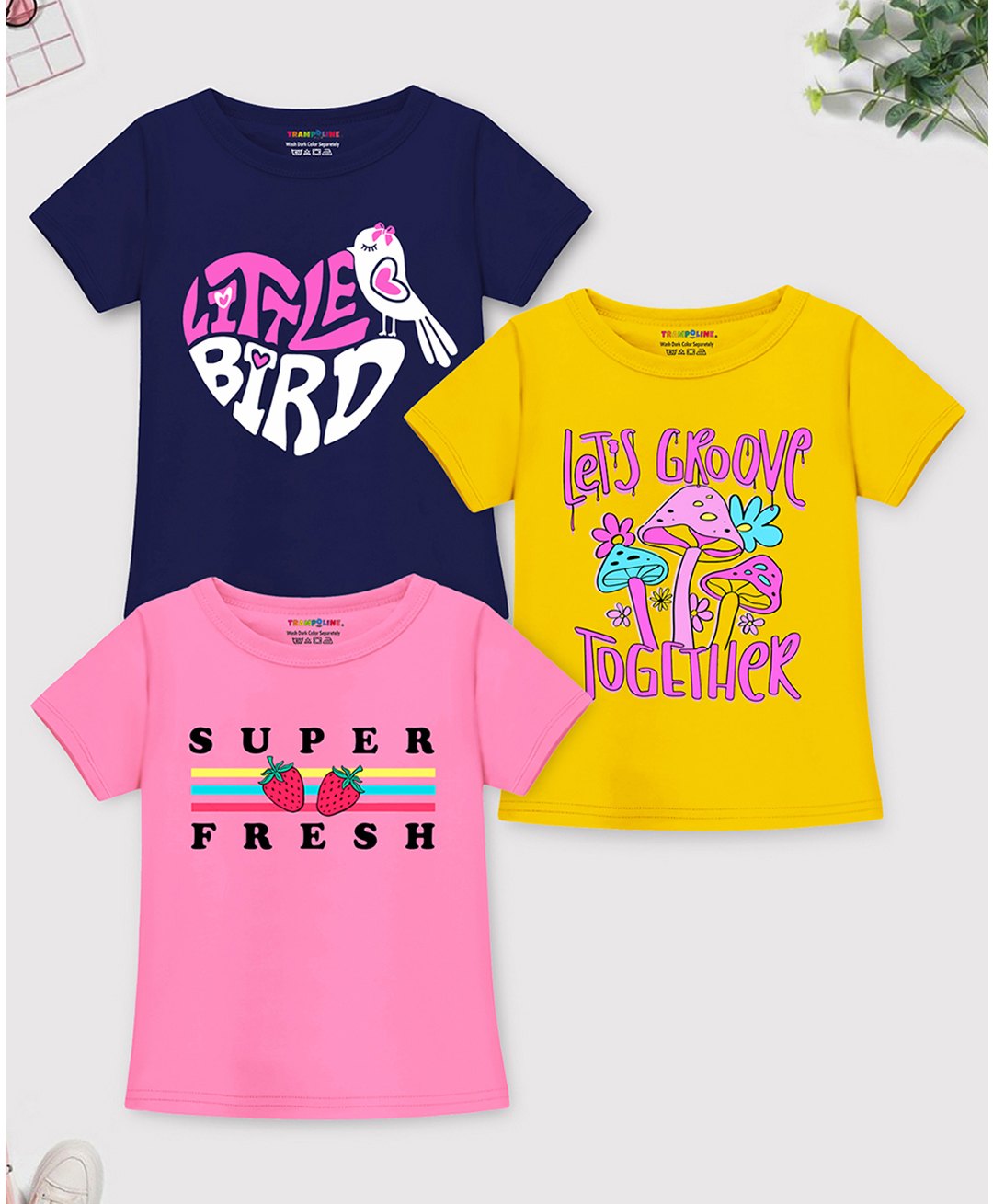 Trampoline Cotton Blend Pack Of 3 Half Sleeves Little Birdie & Super Fresh Text Printed Tees - Yellow Pink & Blue-picture-20