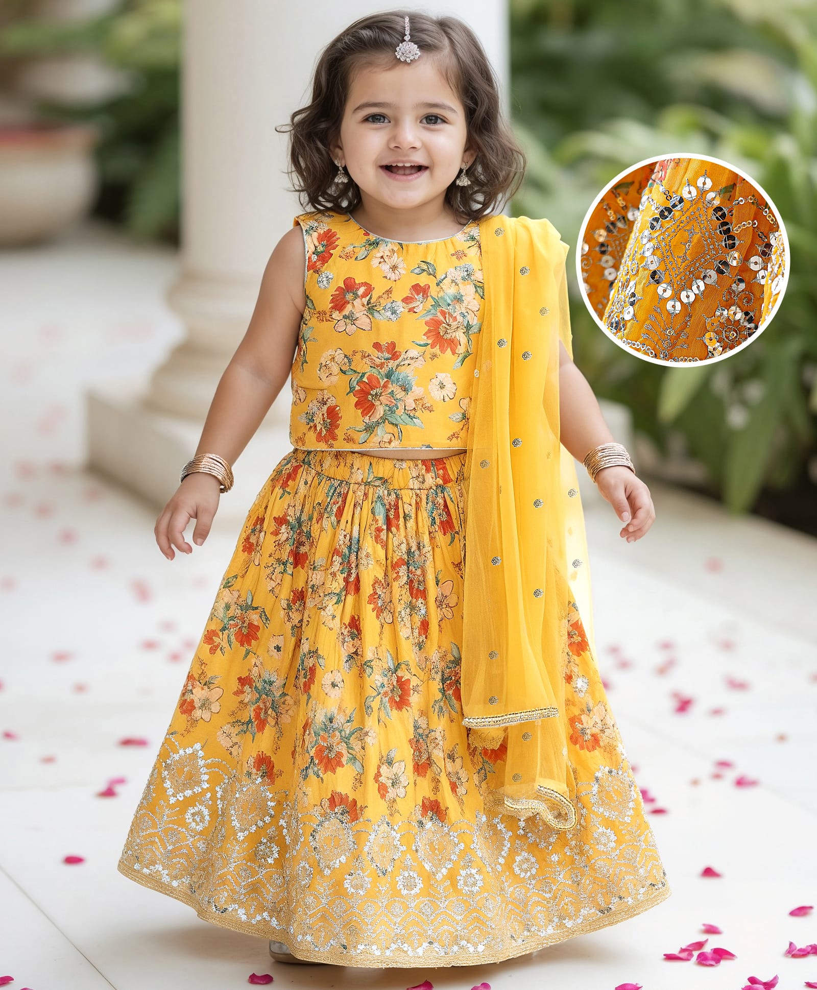Babyhug Woven Sleeveless Choli Lehenga Set with Dupatta Set with Floral Print & Sequin Detailing - Mustard-image-32