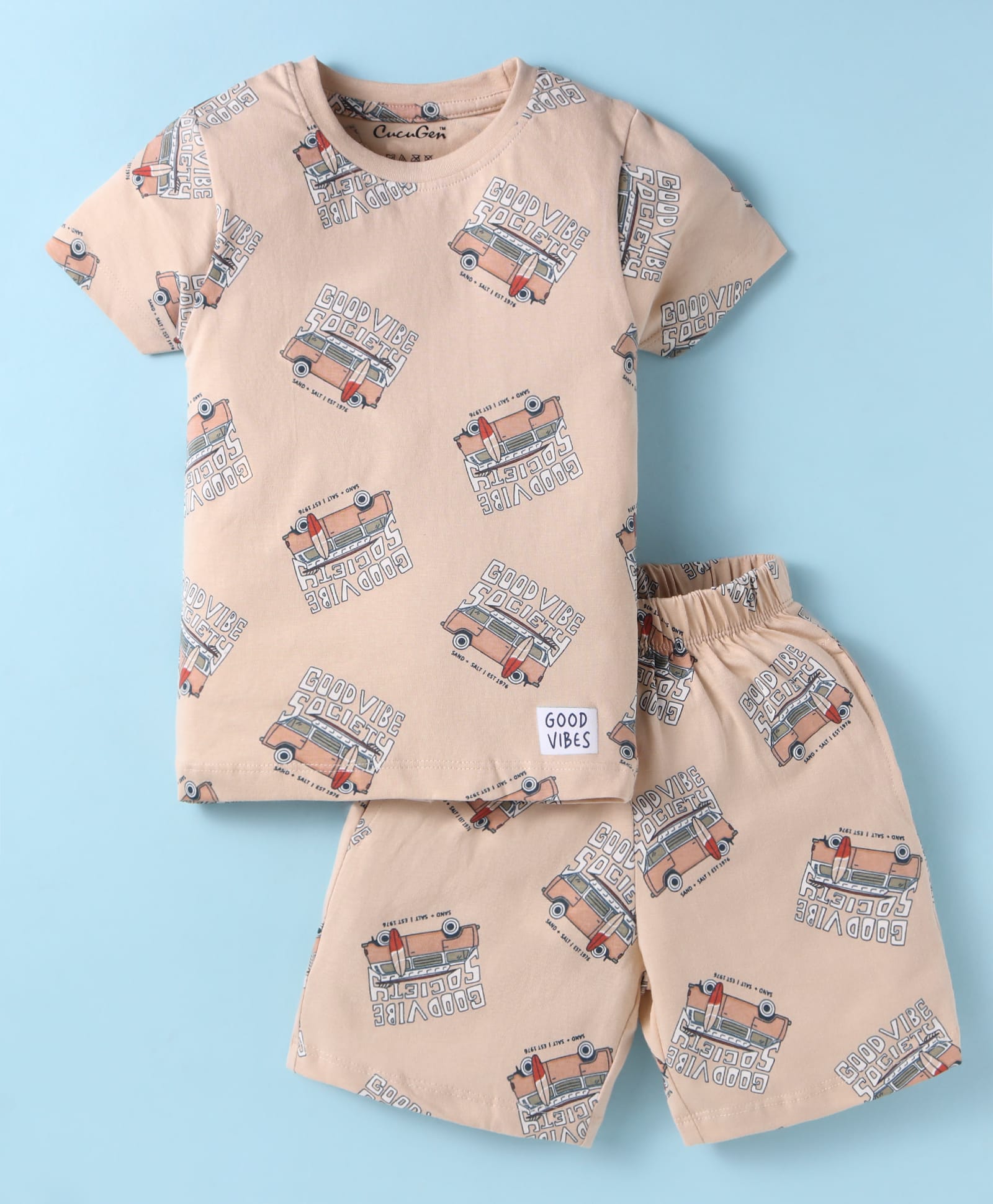 CUCUMBER Sinker Knit Half Sleeves Shorts Night Suit with Text Print - Ivory-image-21