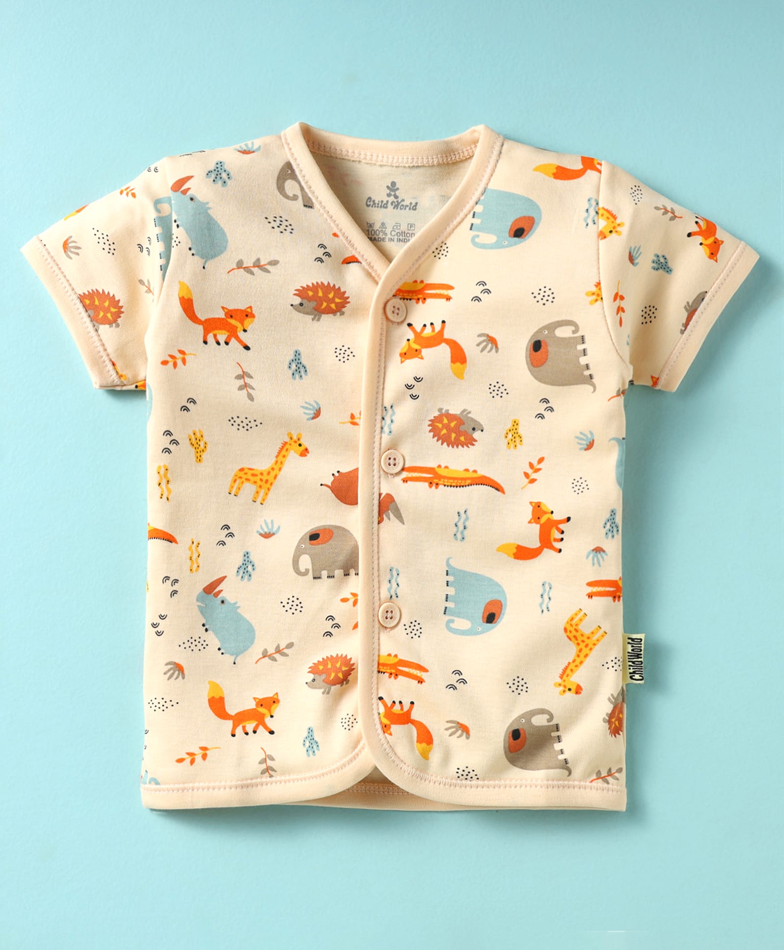 Child World Interlock Knit Half Sleeves Front Open Jhablas With Animal Print - Light Yellow-picture-27