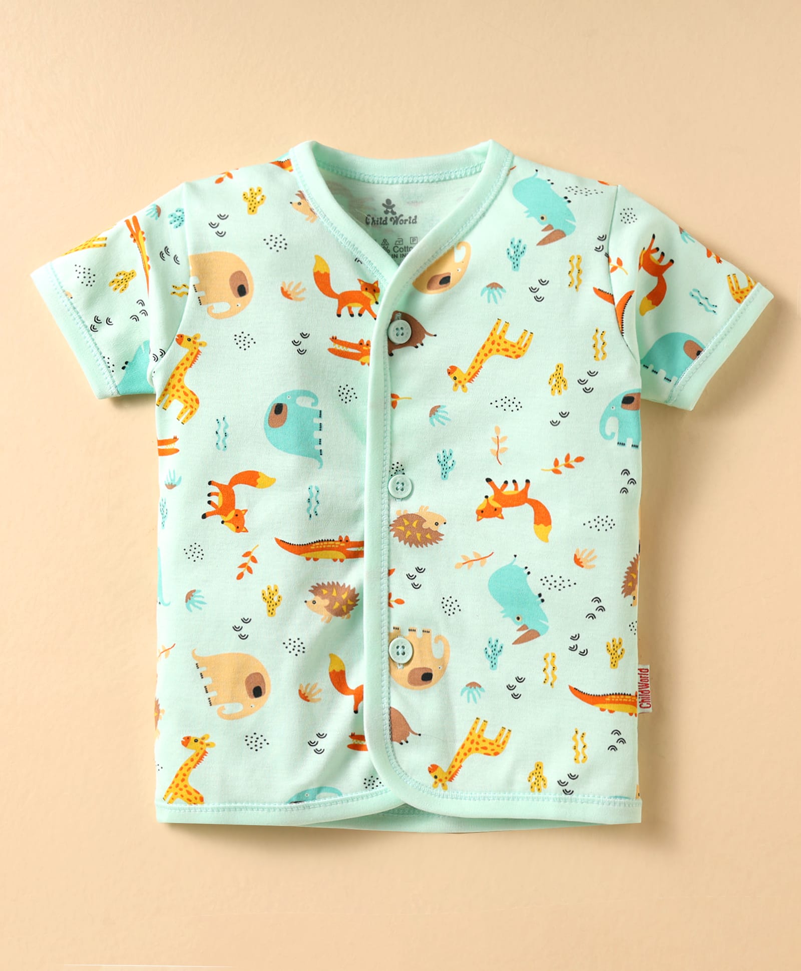 Child World Interlock Knit Half Sleeves Front Open Jhablas With Animal Print - Light Turquoise-picture-10