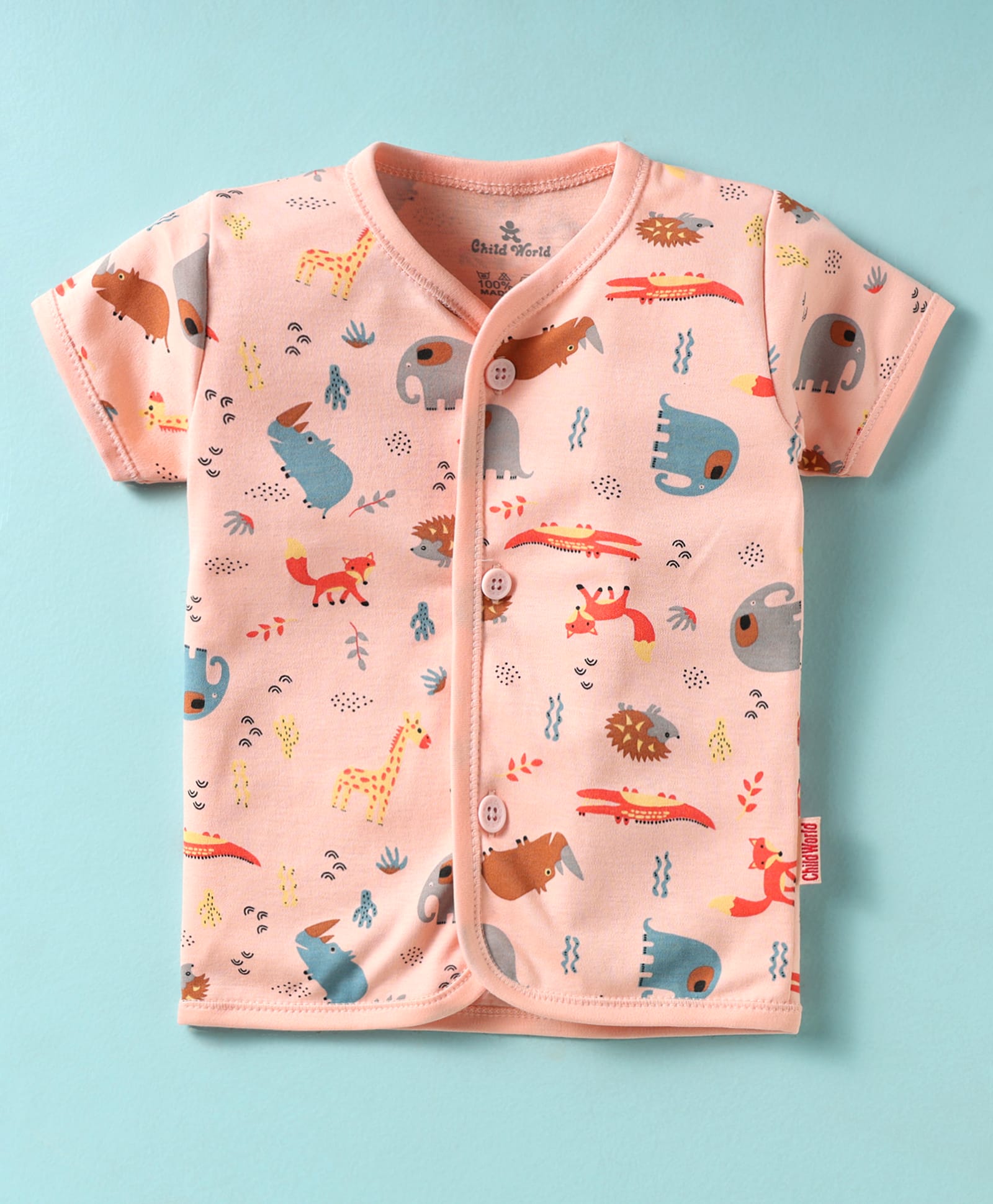 Child World Interlock Knit Front Open Half Sleeves Jhablas With Animal Print - Pink-picture-29