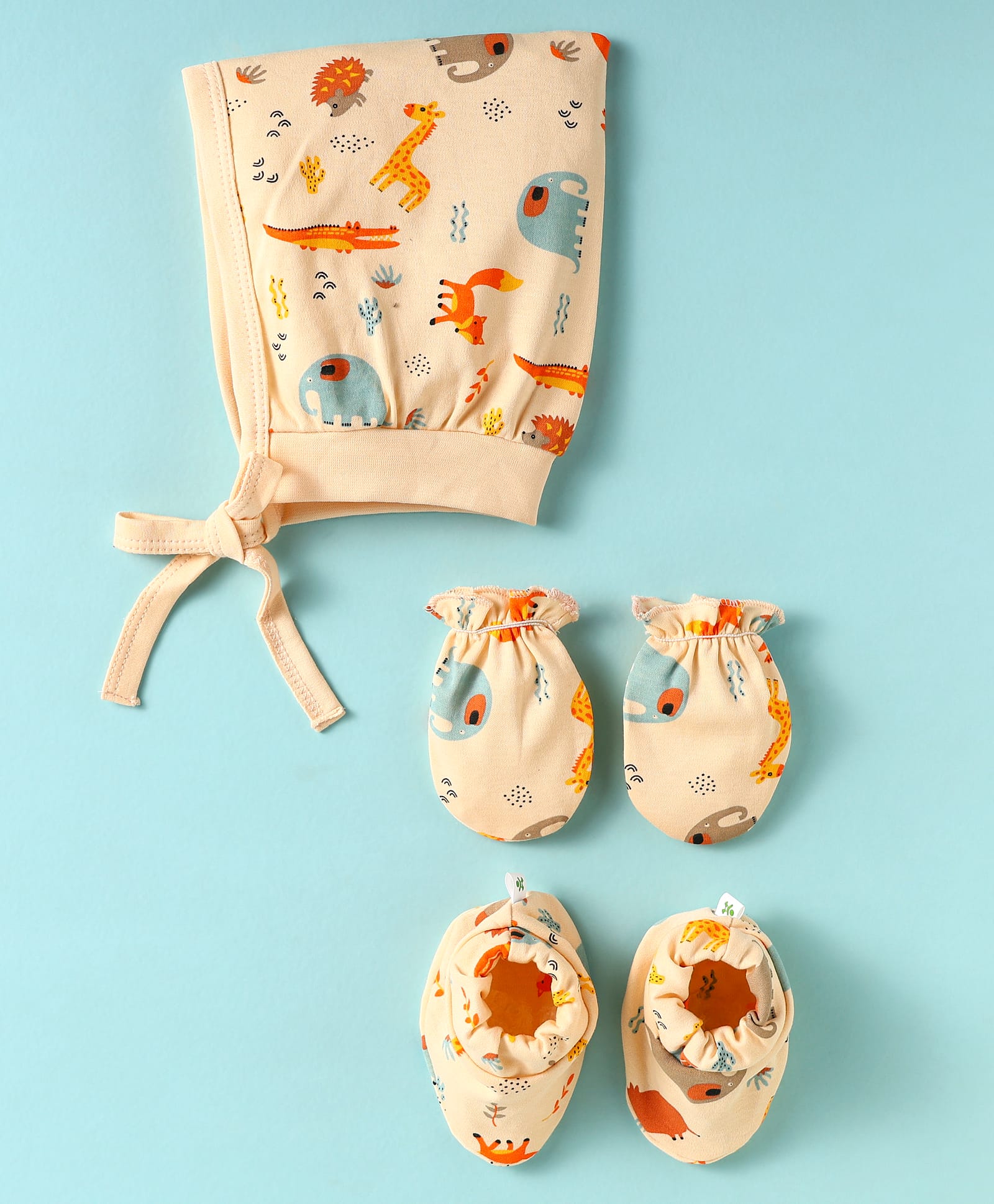 Child World Single Jersey Knit Cap, Mitten & Booties Set with Animal Prints Peach - Diameter 10 cm-picture-0
