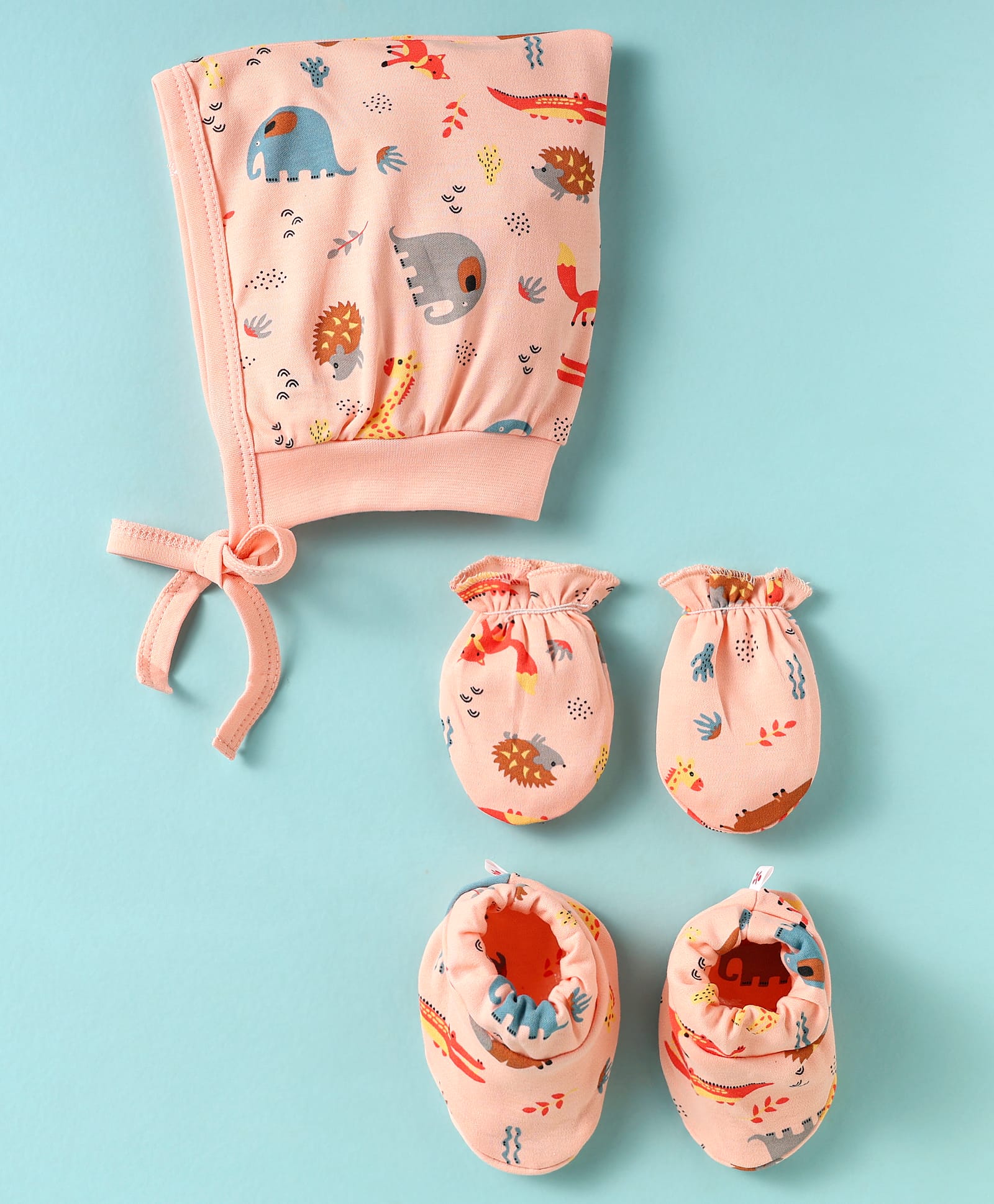 Child World Single Jersey Knit Cap, Mitten & Booties Set with Animal Print Pink - Diameter 10 cm-picture-15