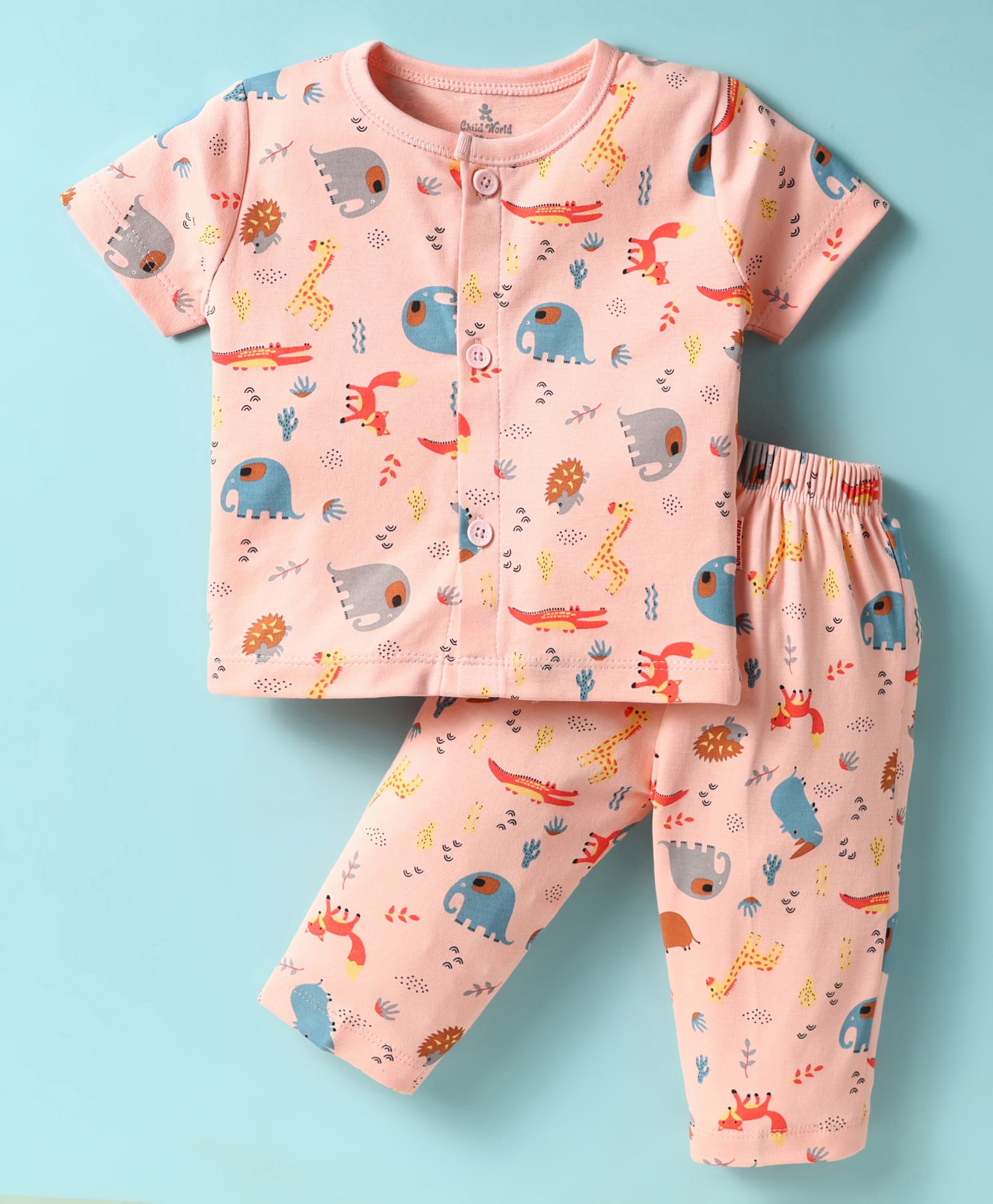 Child World Interlock Knit Half Sleeves Night Suit with Jungle Theme Print - Pink-picture-22