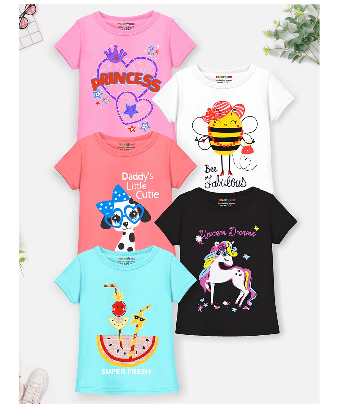 Trampoline Pack Of 5 Half Sleeves Princess & Bee Fabulous Text Printed Tees - Multi Colour-picture-40