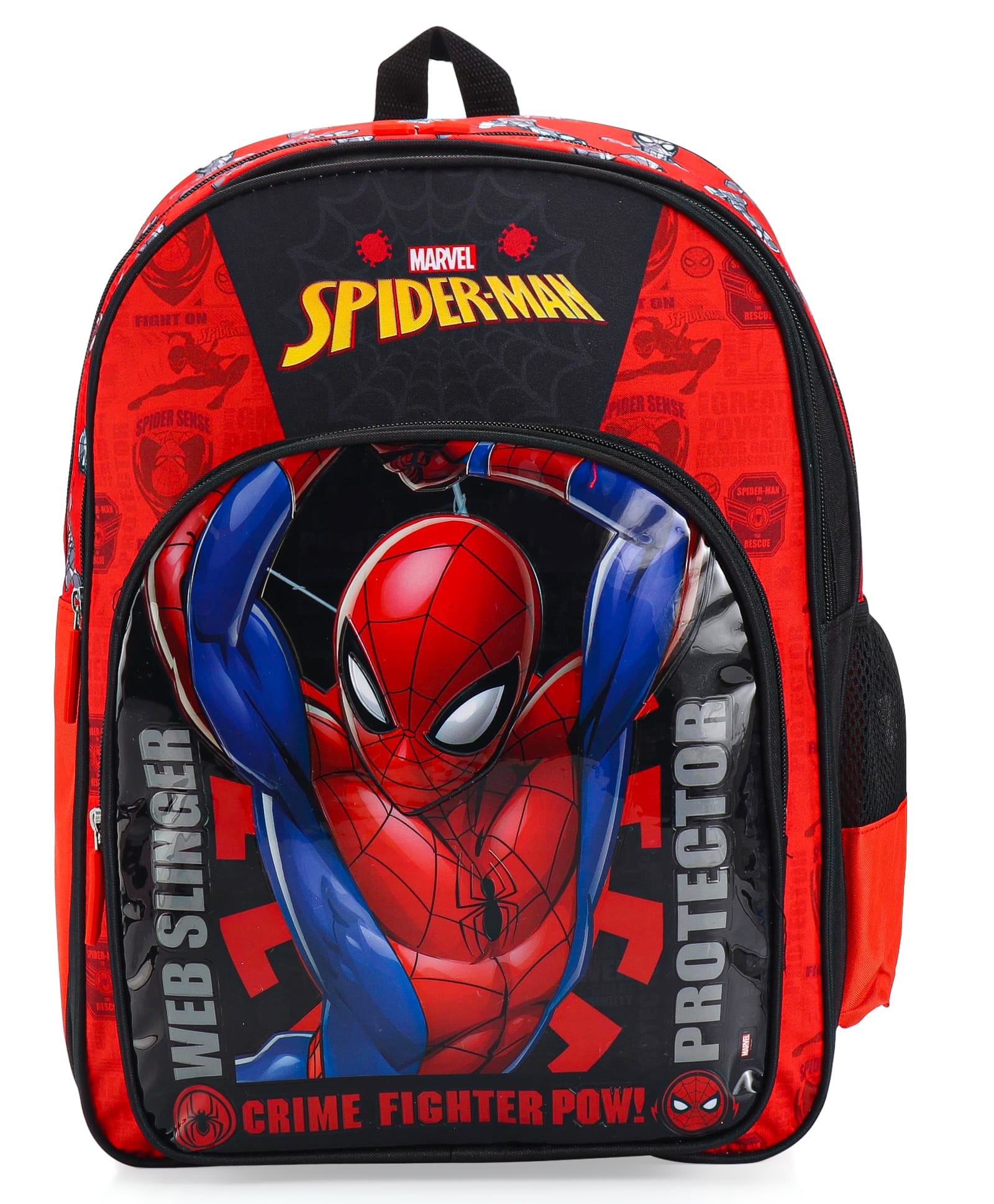 Spider Man 2 Compartment with PVC Embossed Front Pocket School Bag Red and Black - Height 16 Inches