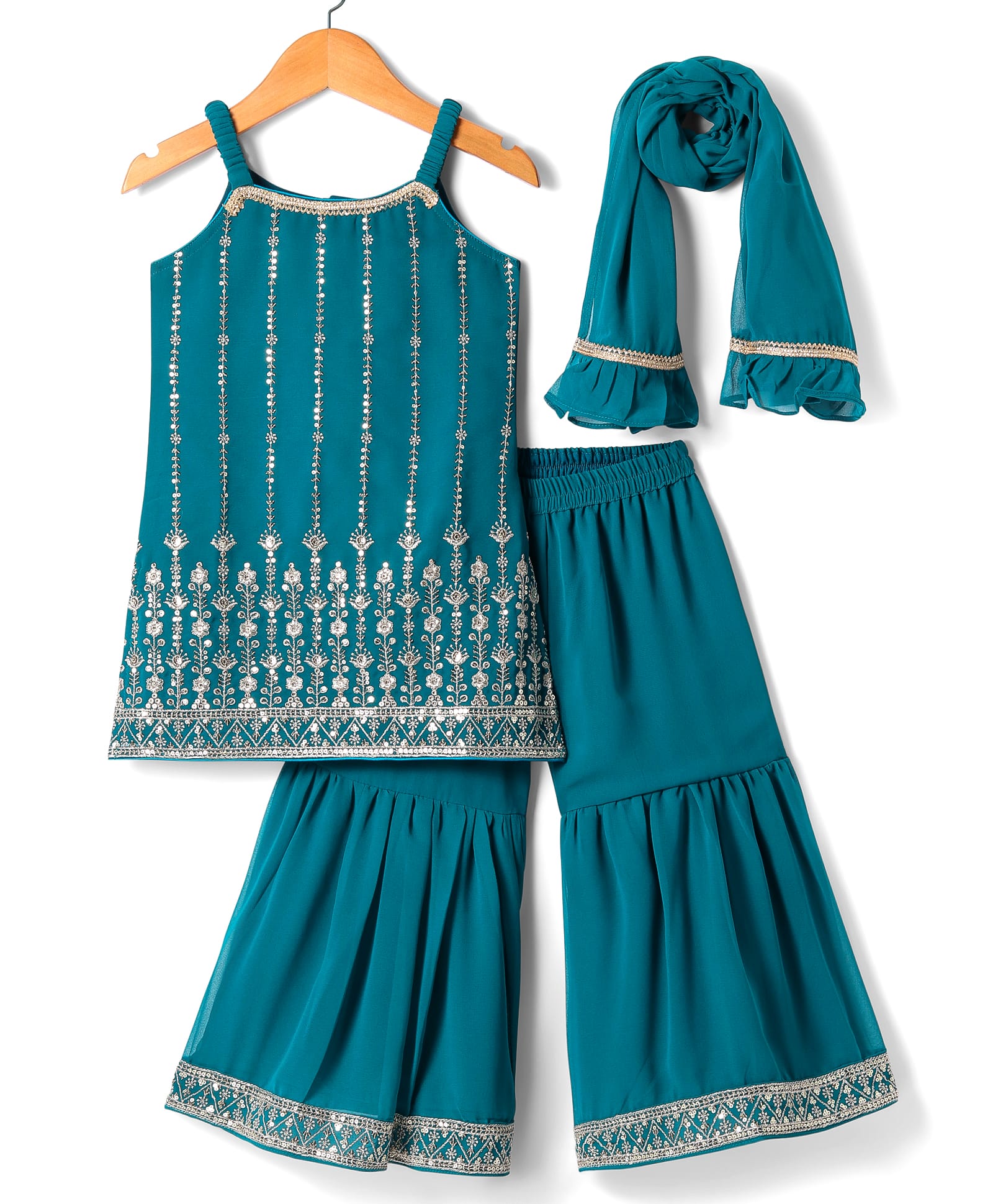 Babyhug Woven Sleeveless Georgette Embroidered Kurti Gharara with Dupatta - Teal Blue-image-27
