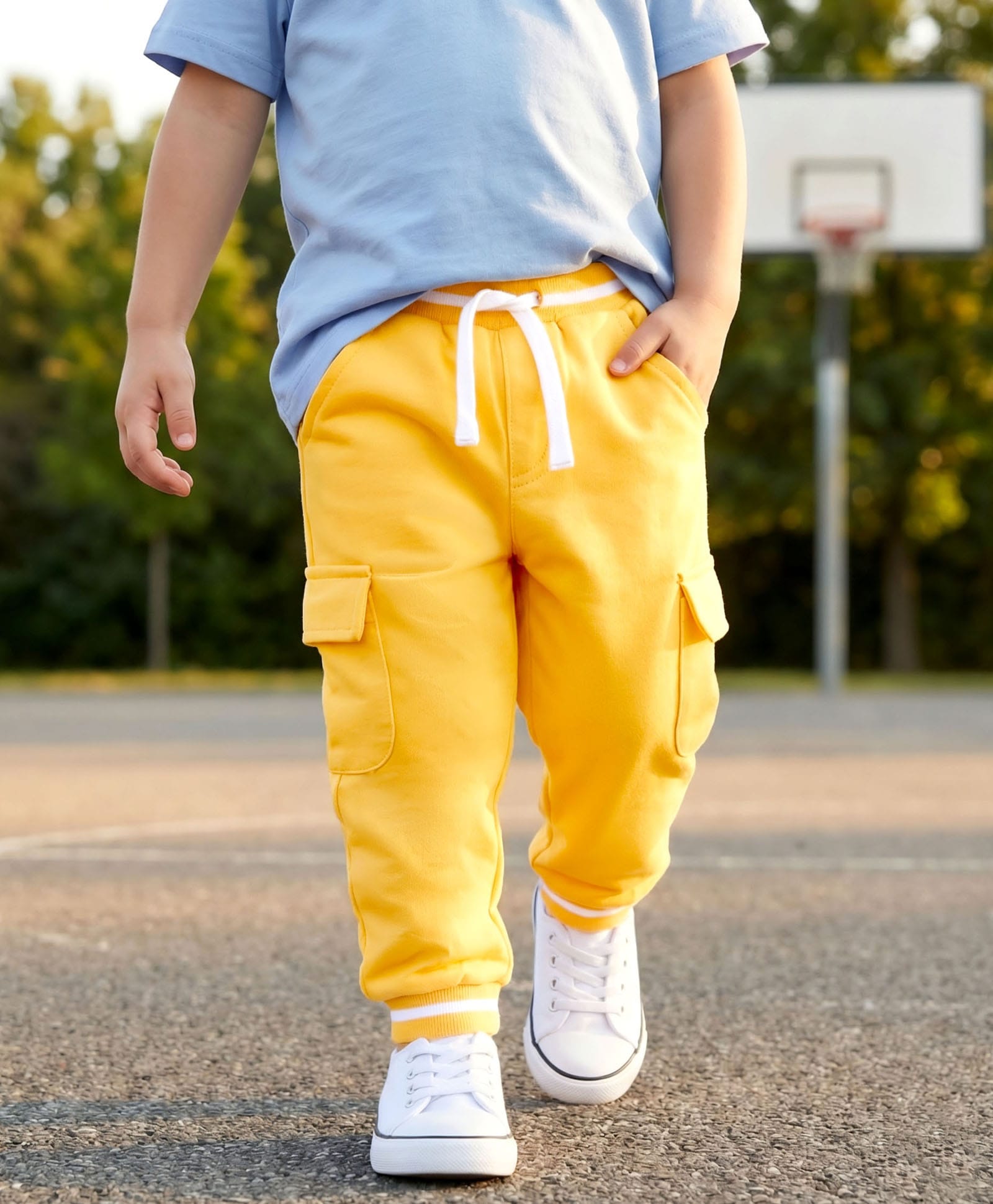 Babyhug Cotton Looper Knit Full Length Solid Lounge Pant With Cargo Pockets - Yellow-picture-23