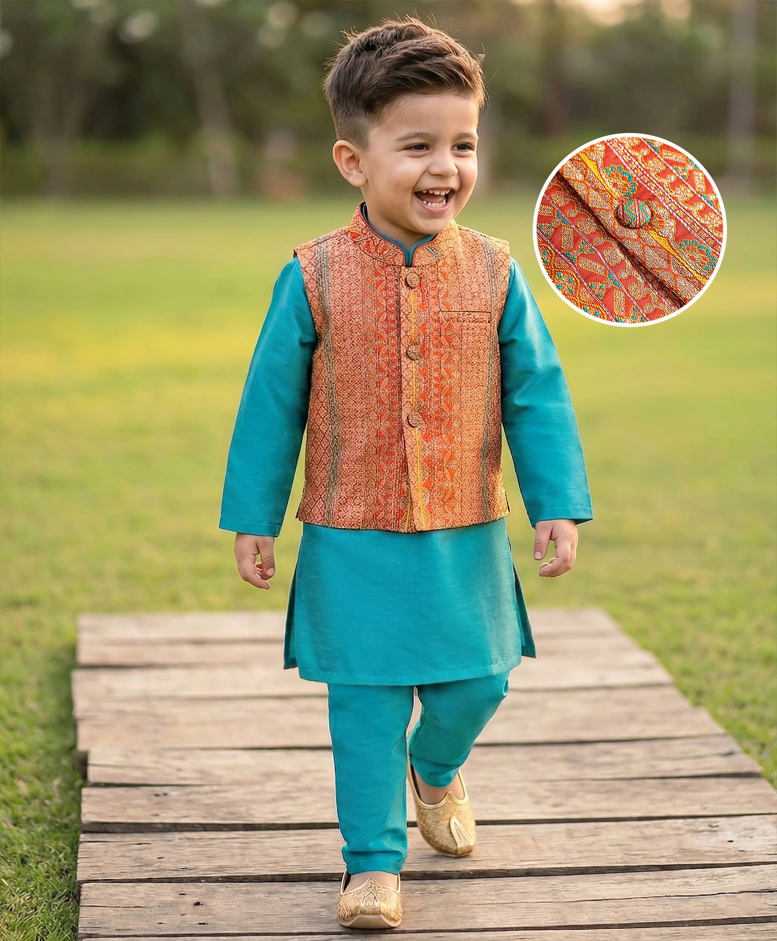 Babyhug Woven Full Length Foil Printed Kurta Pyjama Set With Brocade Jacket - Teal Blue-image-29