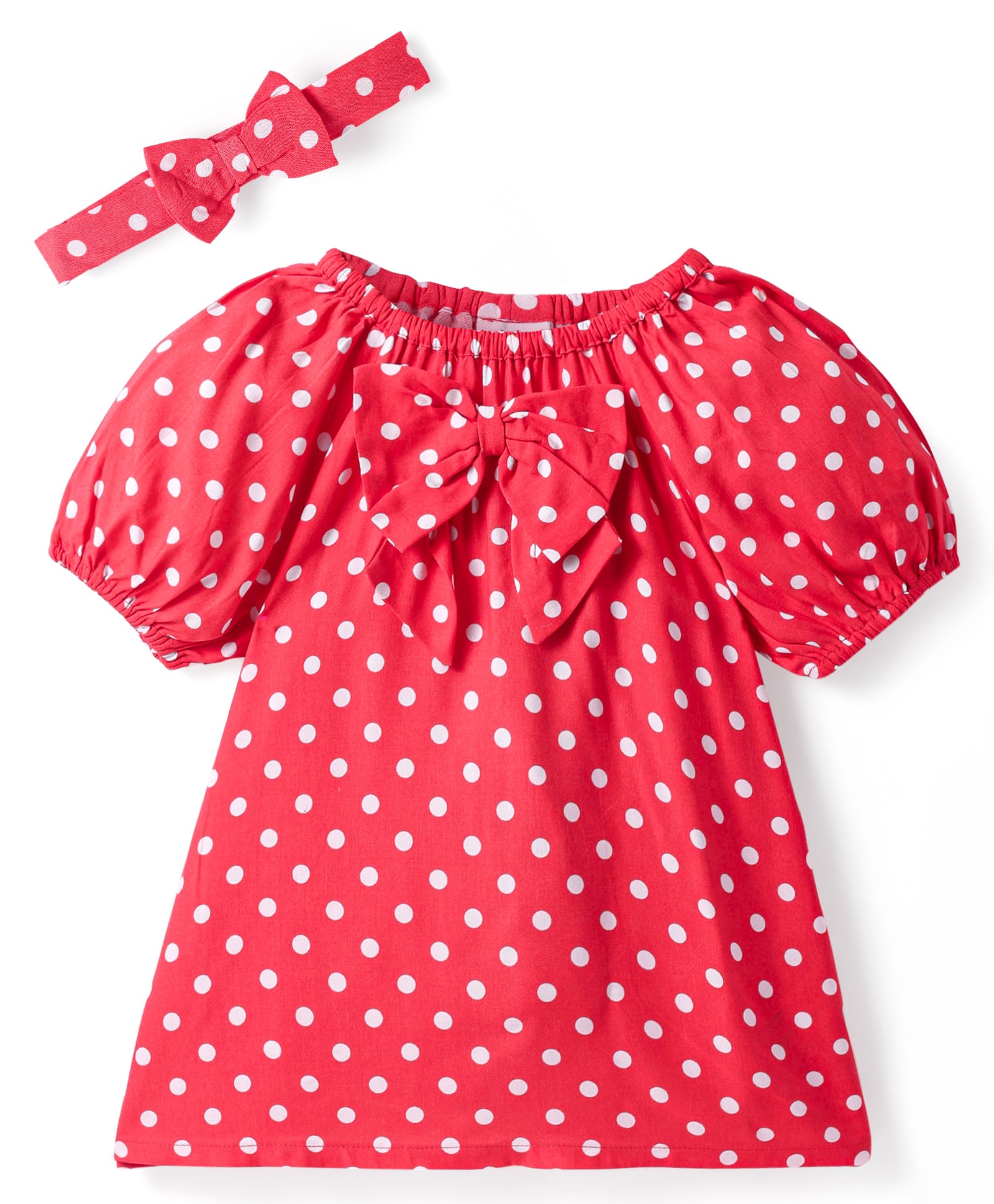 Babyhug Rayon Knit Puffed Sleeves Top & Head Band with Polka Dots & Bow Applique -Red-image-48