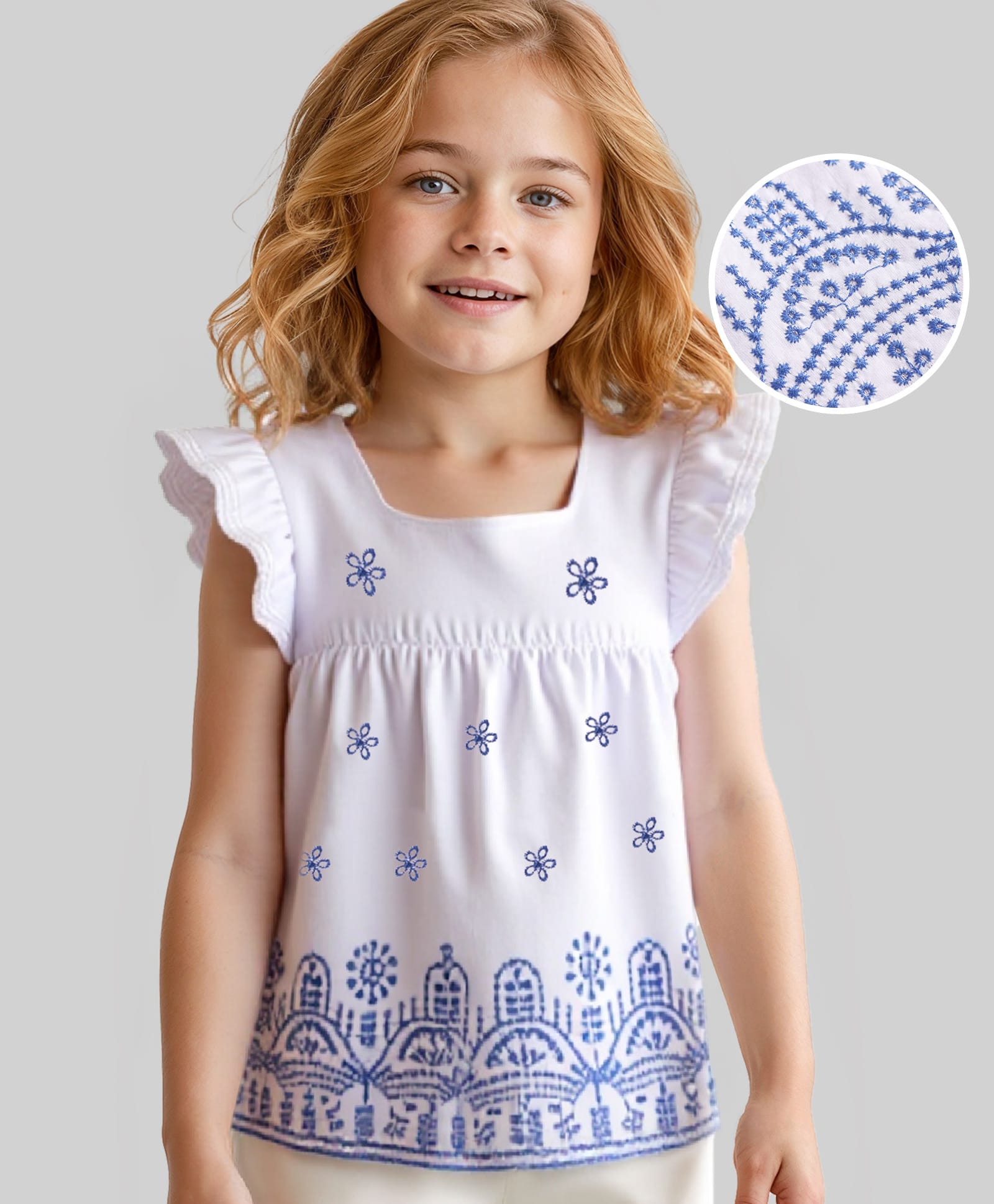 Babyhug Cotton Woven Frill Sleeves Top with Floral Embroidery - White-image-13
