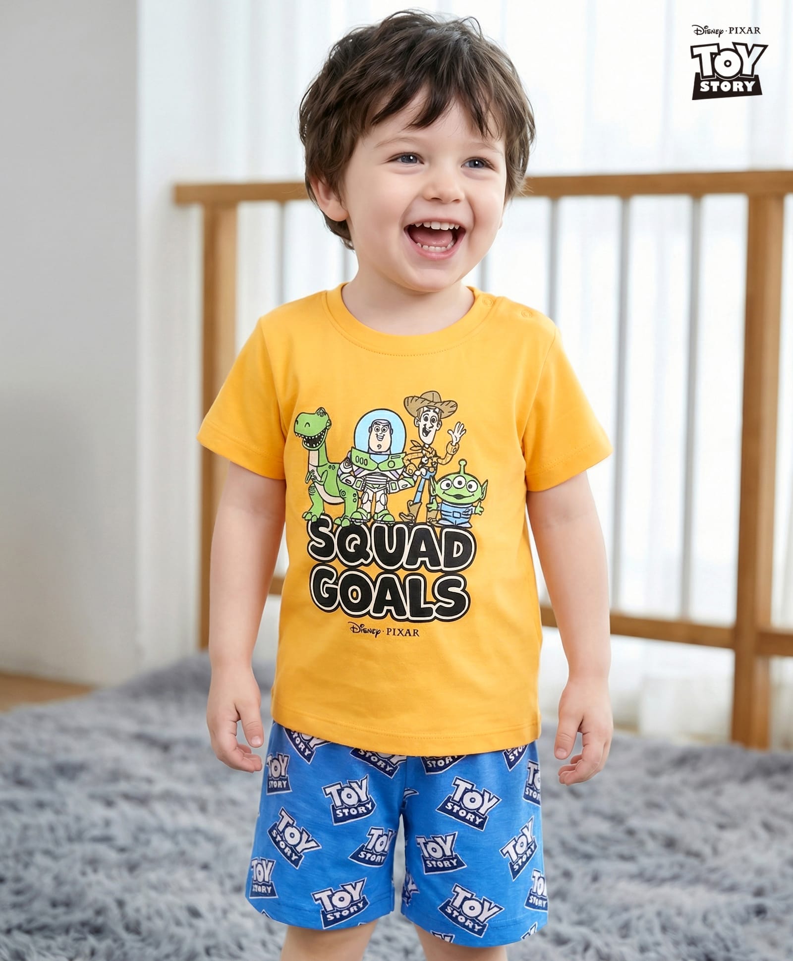 Babyhug Disney Single Jersey Knit Half Sleeves Shorts Nightsuit With Toy Story Graphic -Orange & Blue-image-18