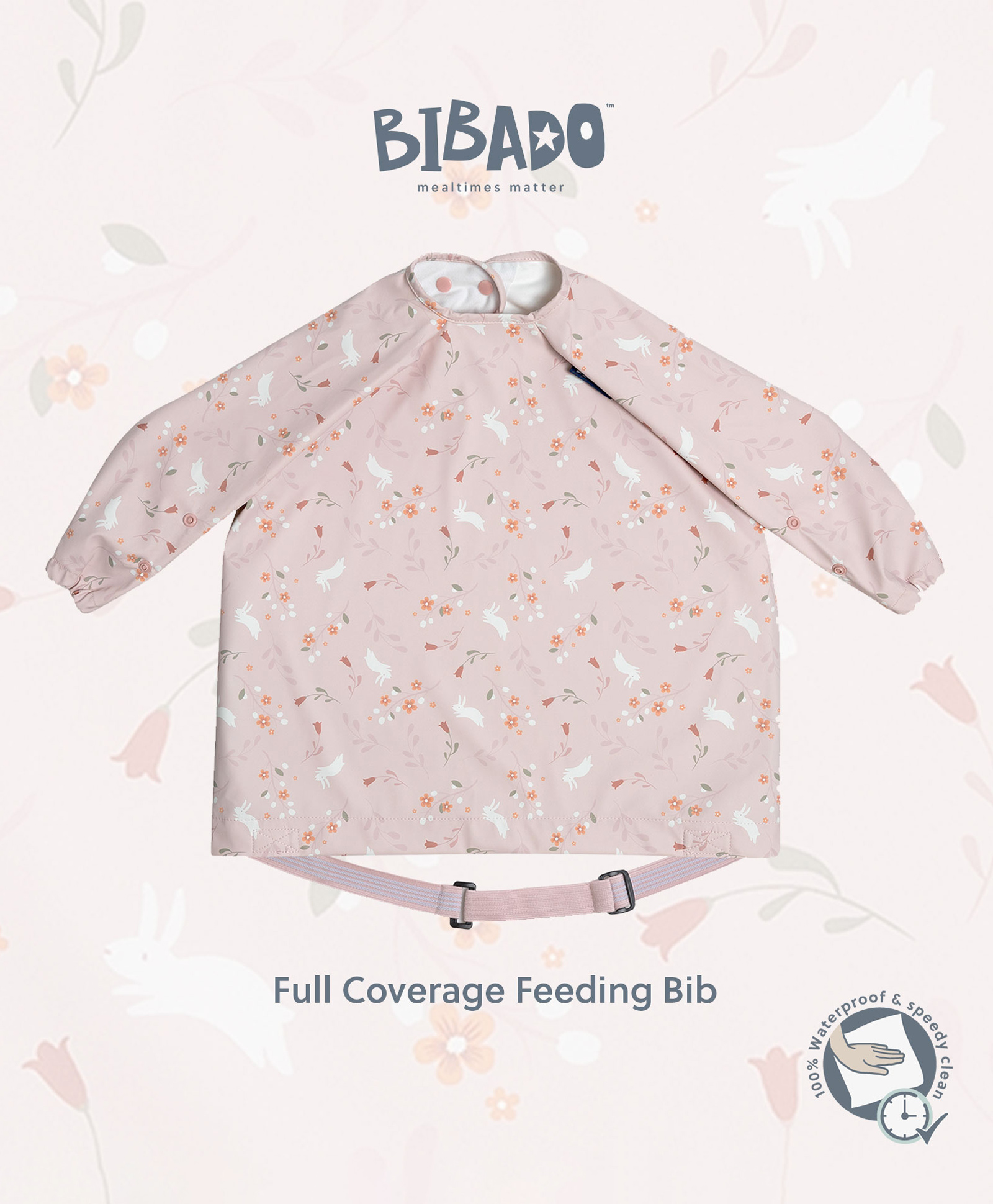 BiBaDo Stain & Water Proof Long Sleeve Coverall Shirt Weaning Bib Botanical Bunnies Print- Pink - For Infants-image-9