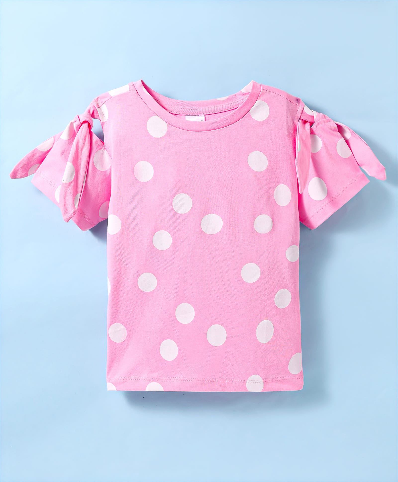 Smarty Girls 100% Cotton Knit Half Sleeves Polka Dots Printed Top with Bows - Light Pink-picture-21