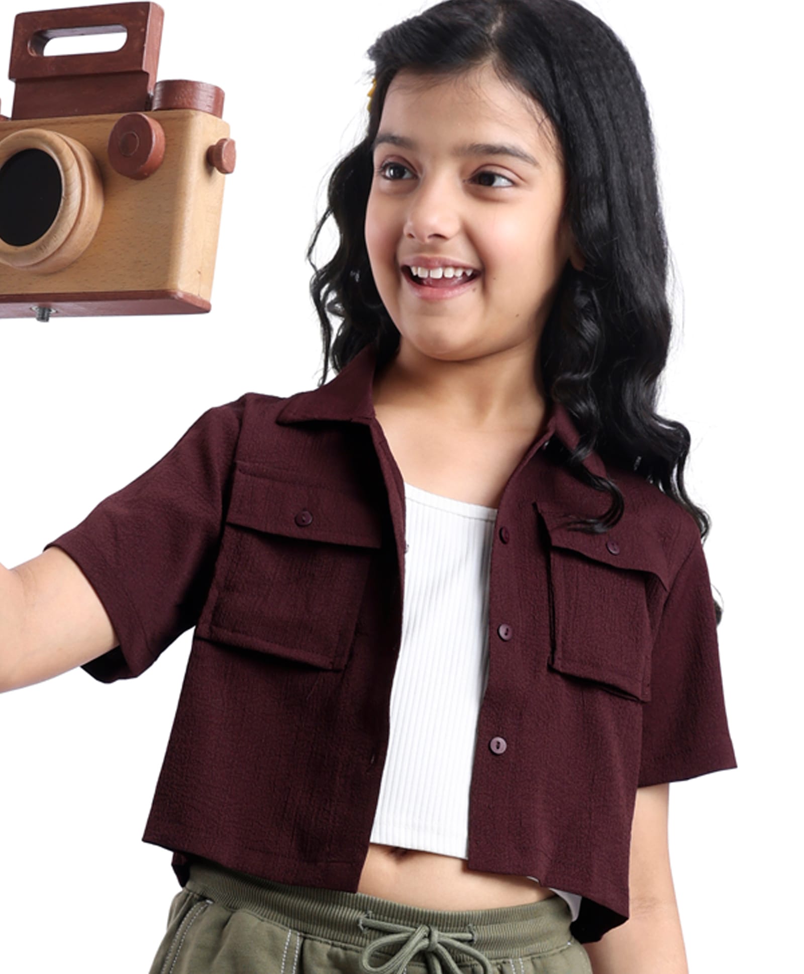 Pine Kids Woven Half Sleeves Textured Top & Camisole - Brown-image-15