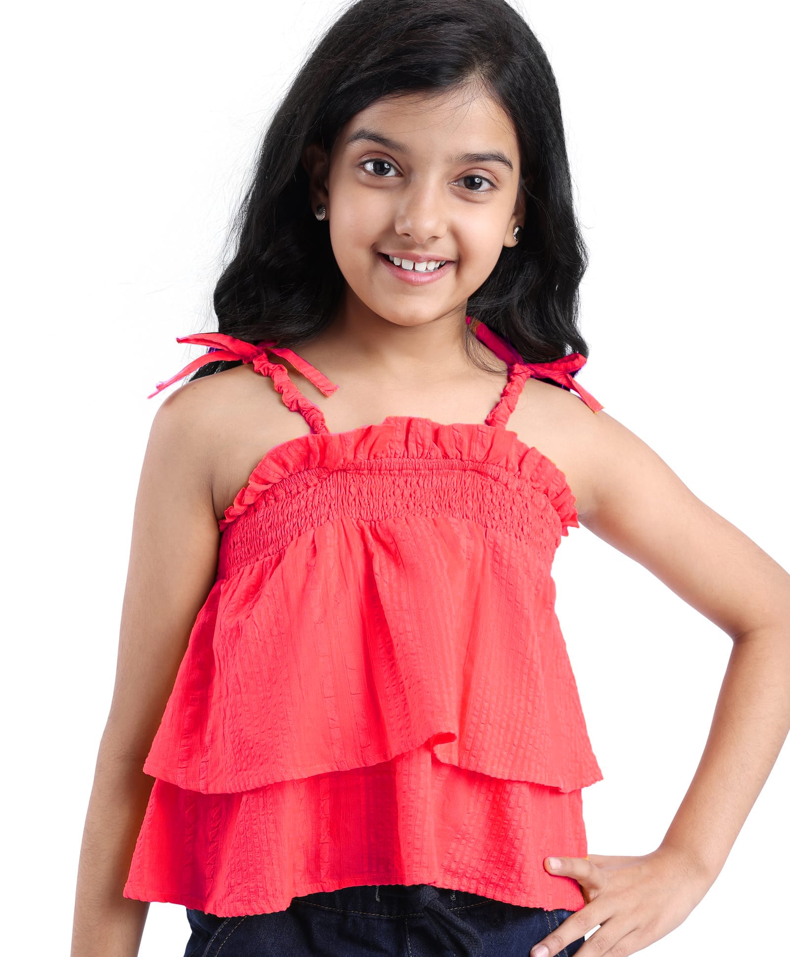 Pine Kids Cotton Woven Singlet Textured Top with Smock Detailing - Red-picture-19