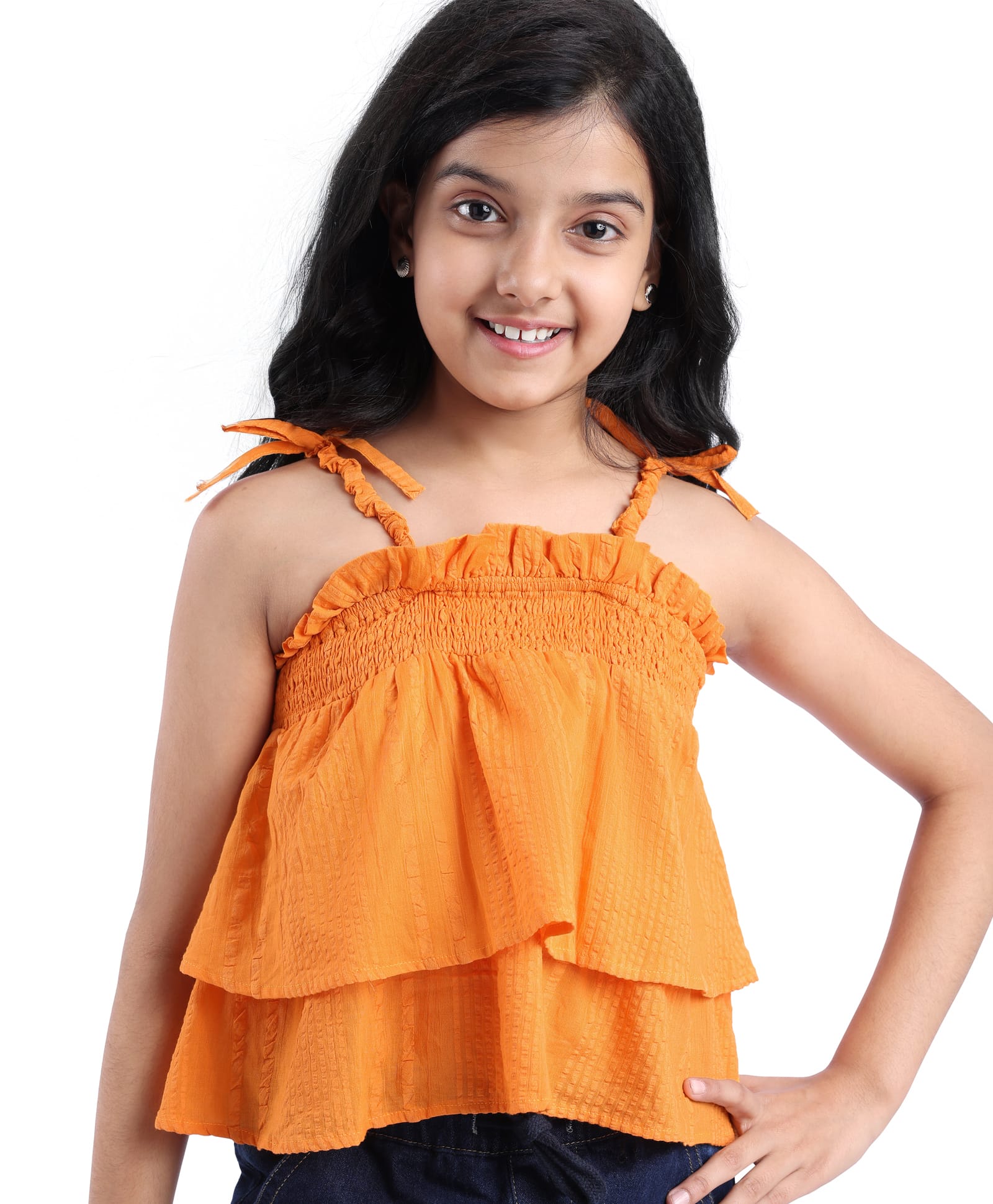 Pine Kids Cotton Woven Singlet Textured Top with Smock Detailing - Orange-picture-27