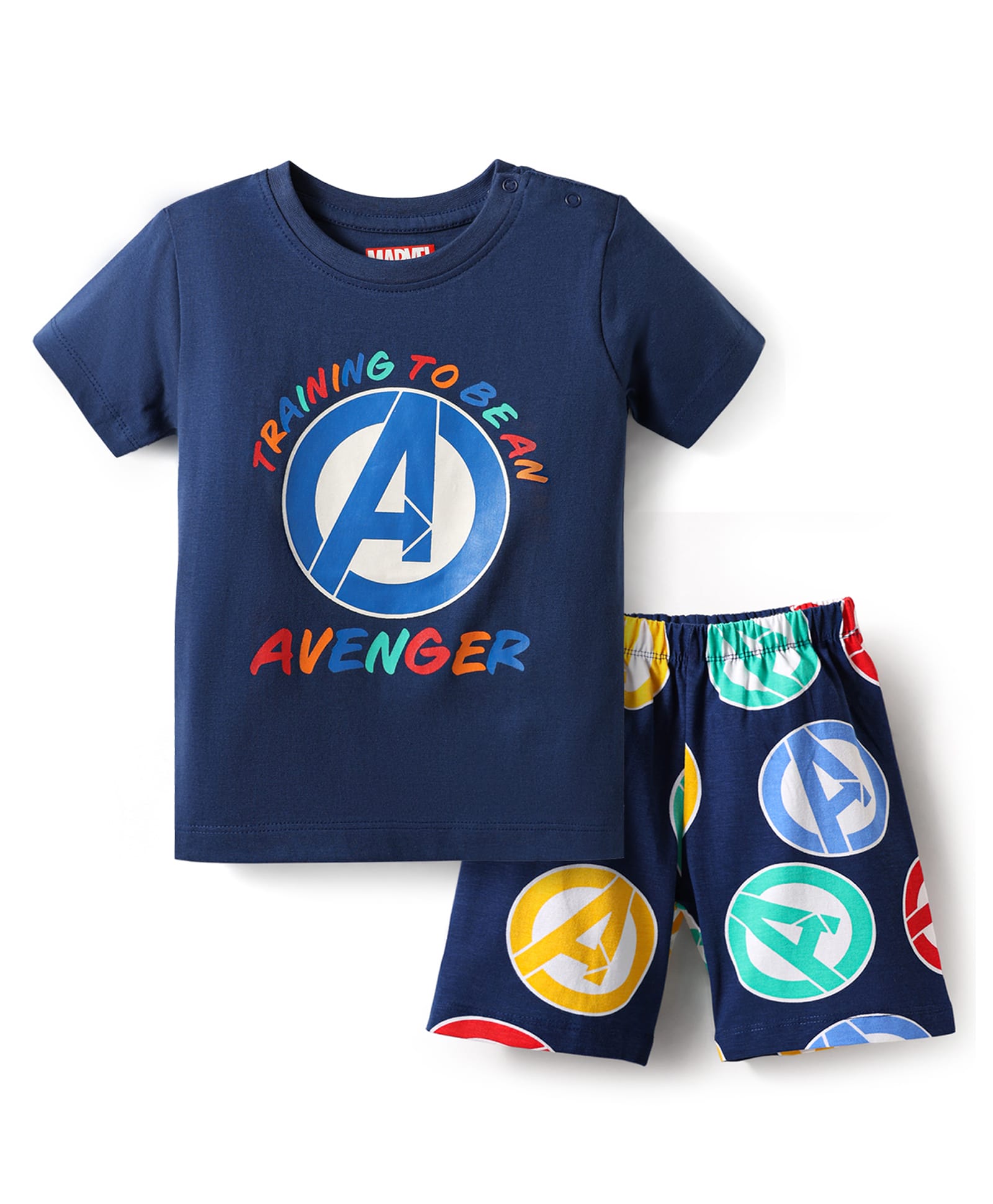 Babyhug Marvel Single Jersey Knit Half Sleeves Shorts Night Suit With Avengers Graphic - Navy Blue-image-5