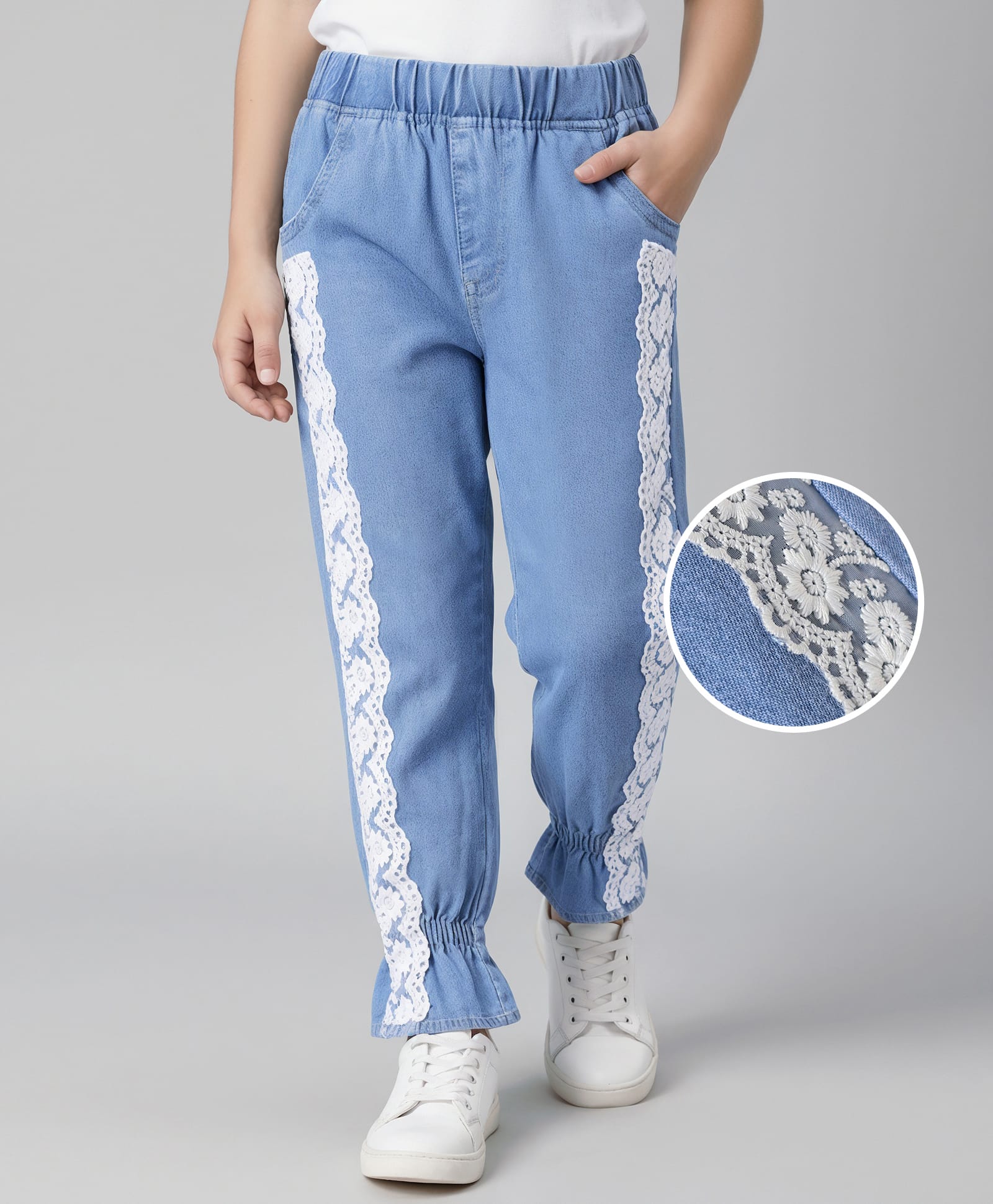 Mark & Mia Full Length Silky Denim Jeans With Lace Detailing - Light Blue-picture-24
