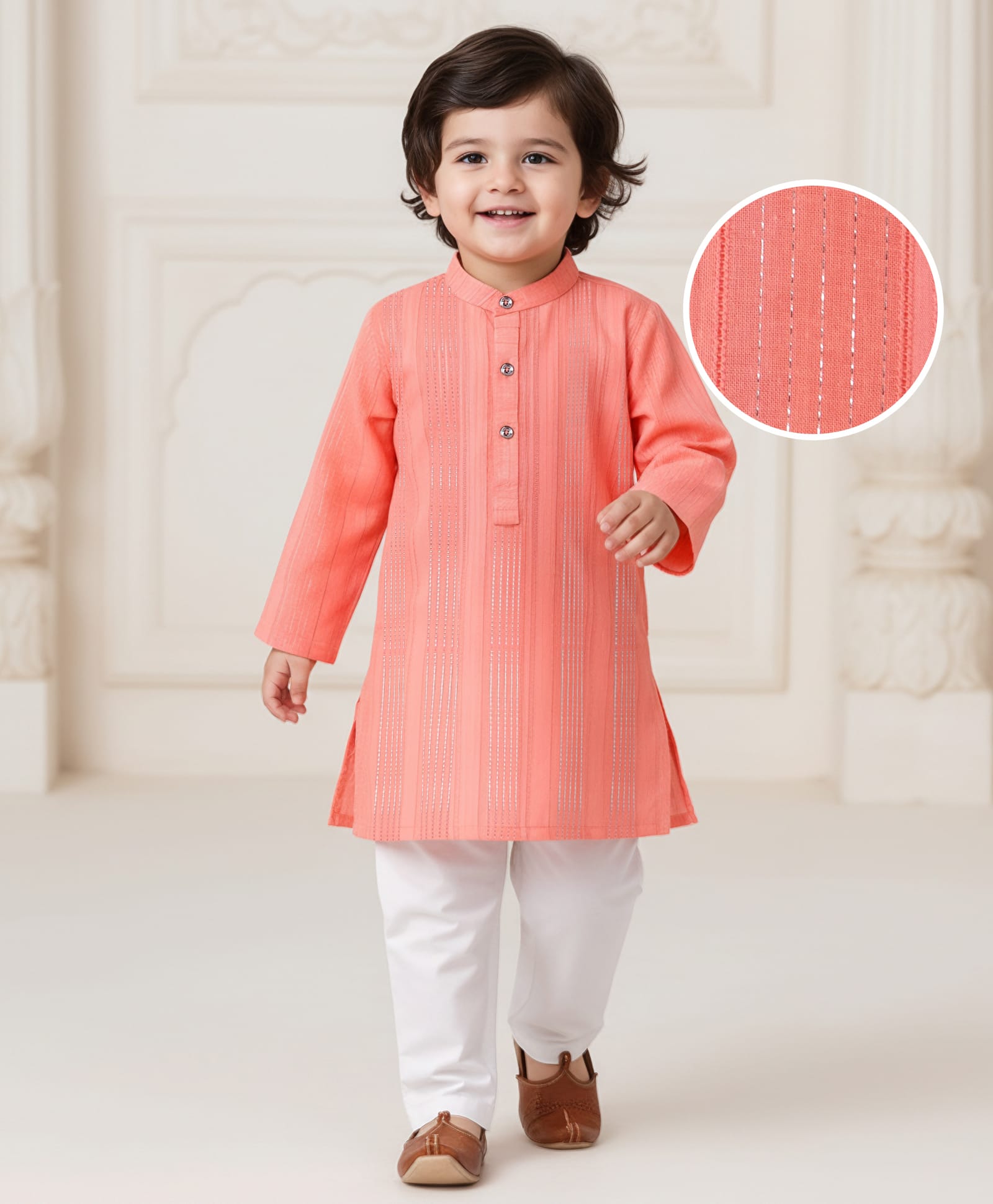 Babyhug Woven Full Sleeves Kurta Pyjama Set With Stripes - Coral-image-30