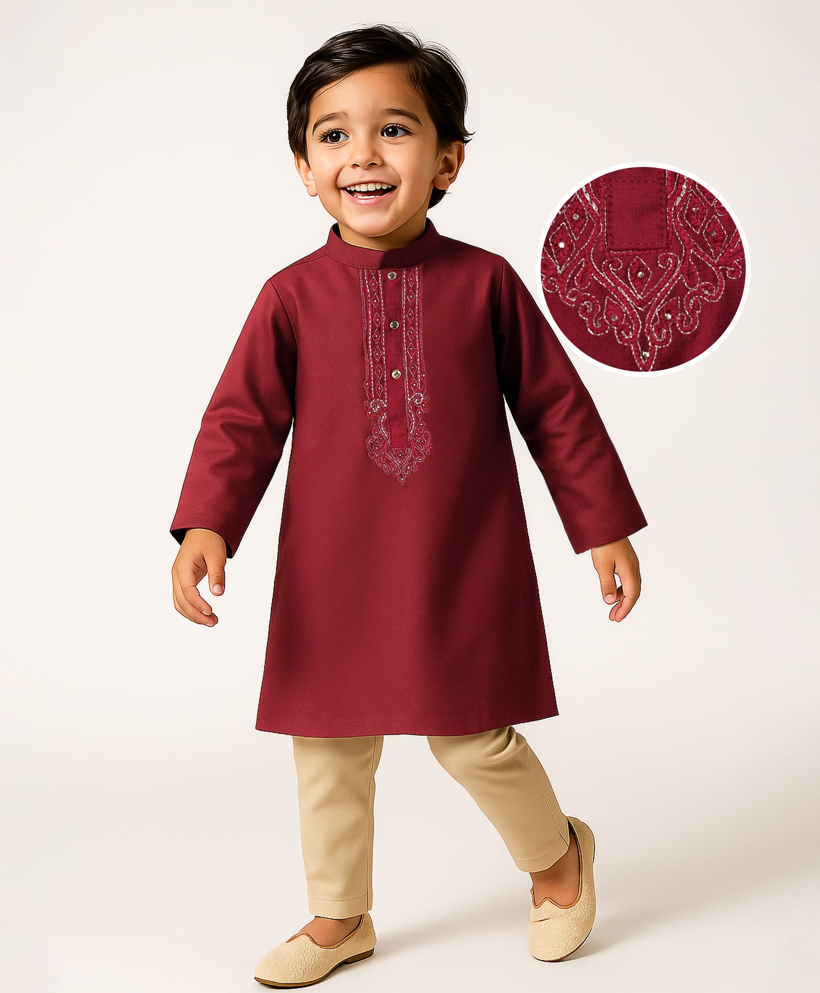 Babyhug Woven Full Sleeves Embroidered Kurta Pajama Set - Maroon & Beige-image-25