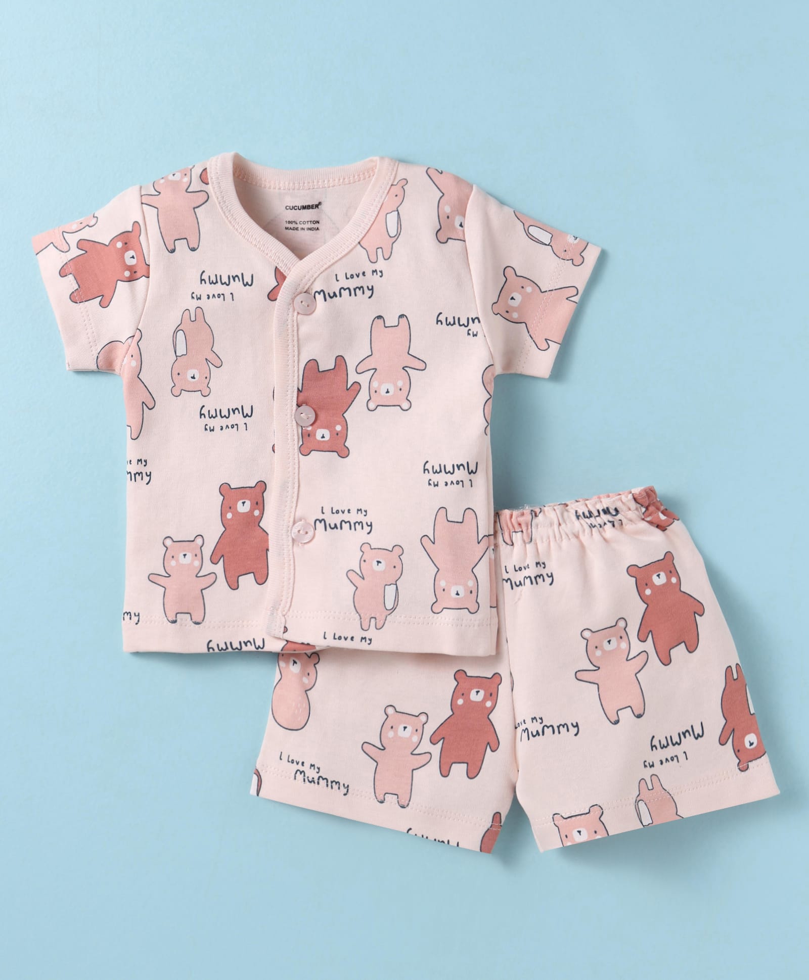 CUCUMBER Sinker Knit Half Sleeves Shorts Night Suit with Bear Print - Pink-picture-20