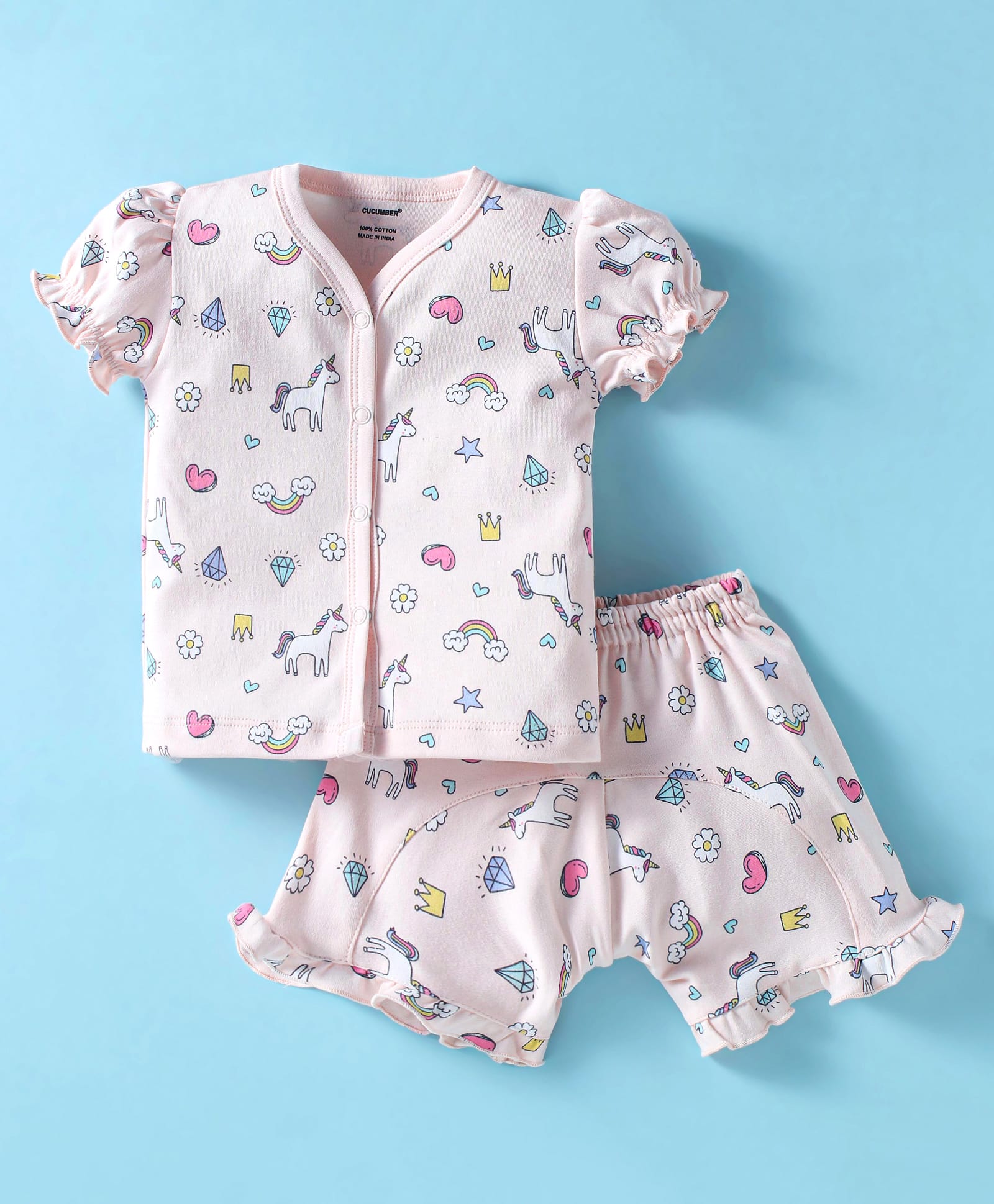 CUCUMBER Sinker Knit Half Sleeves Shorts Night Suit With Unicorn & Rainbow Print - Baby Pink-picture-26