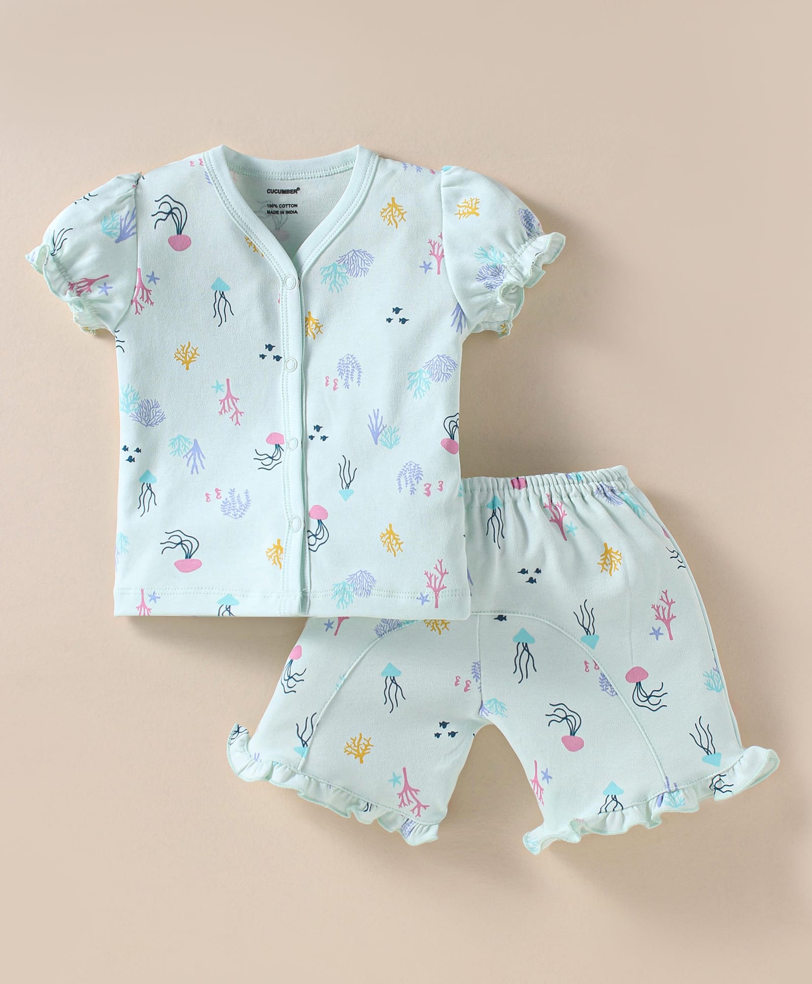 CUCUMBER Sinker Knit Half Sleeves Jelly Fish Printed Shorts Night Suit - Aqua Blue-image-47