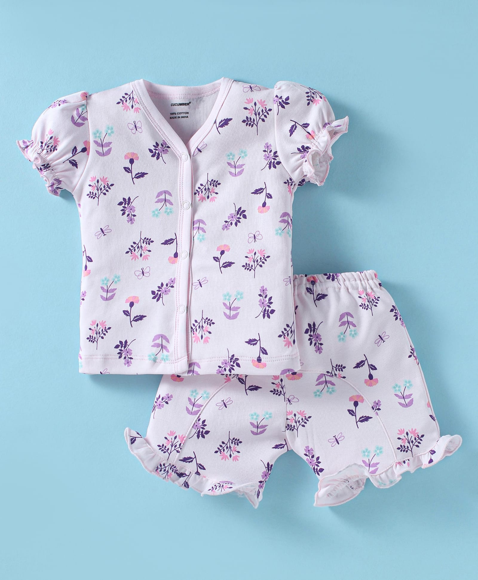 CUCUMBER Sinker Knit Half Sleeves Floral Printed Shorts Night Suit - Pink-image-31