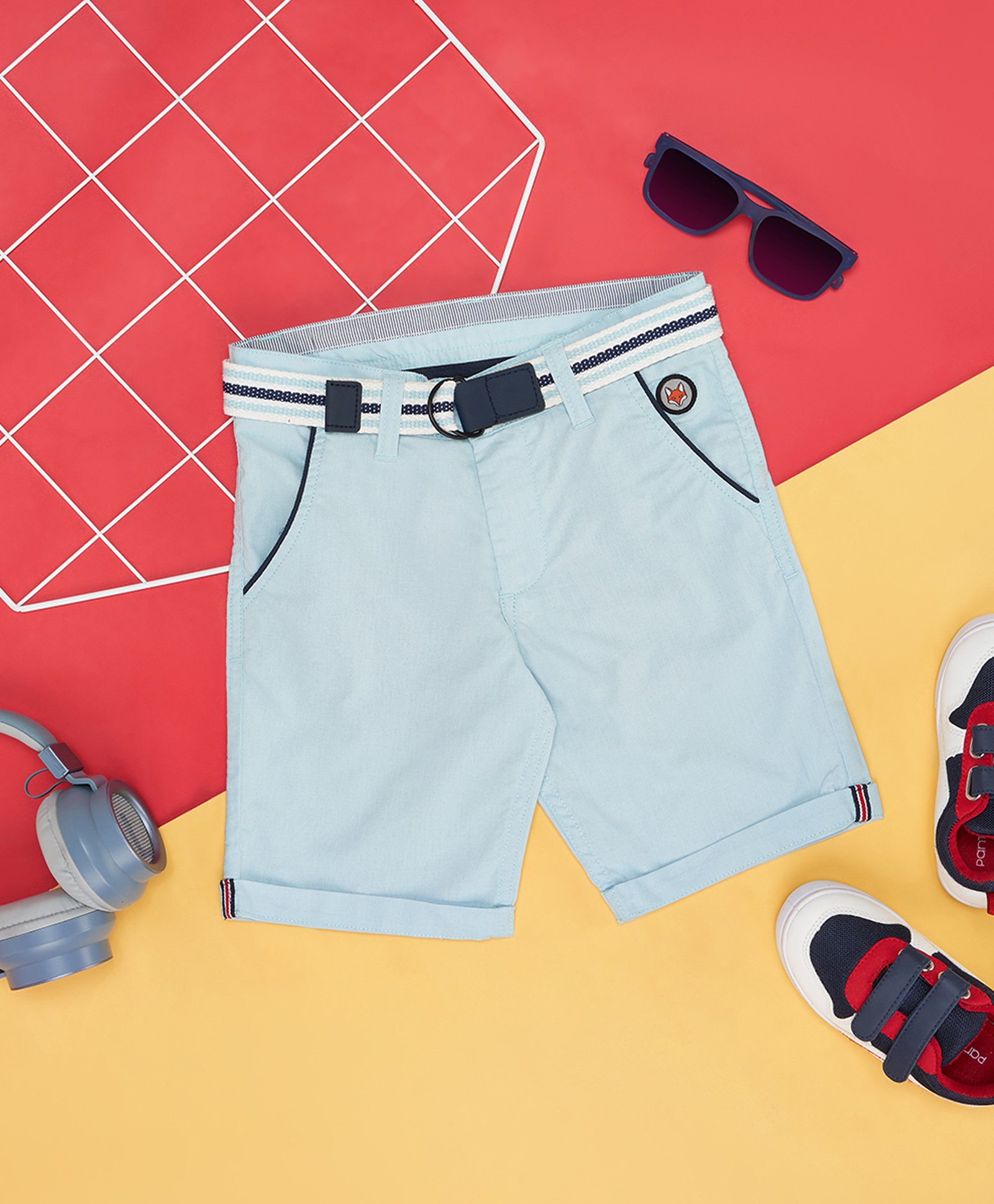 Pantaloons Junior Cotton Fox Patch Detailed Shorts With Belt - Light Blue-picture-25