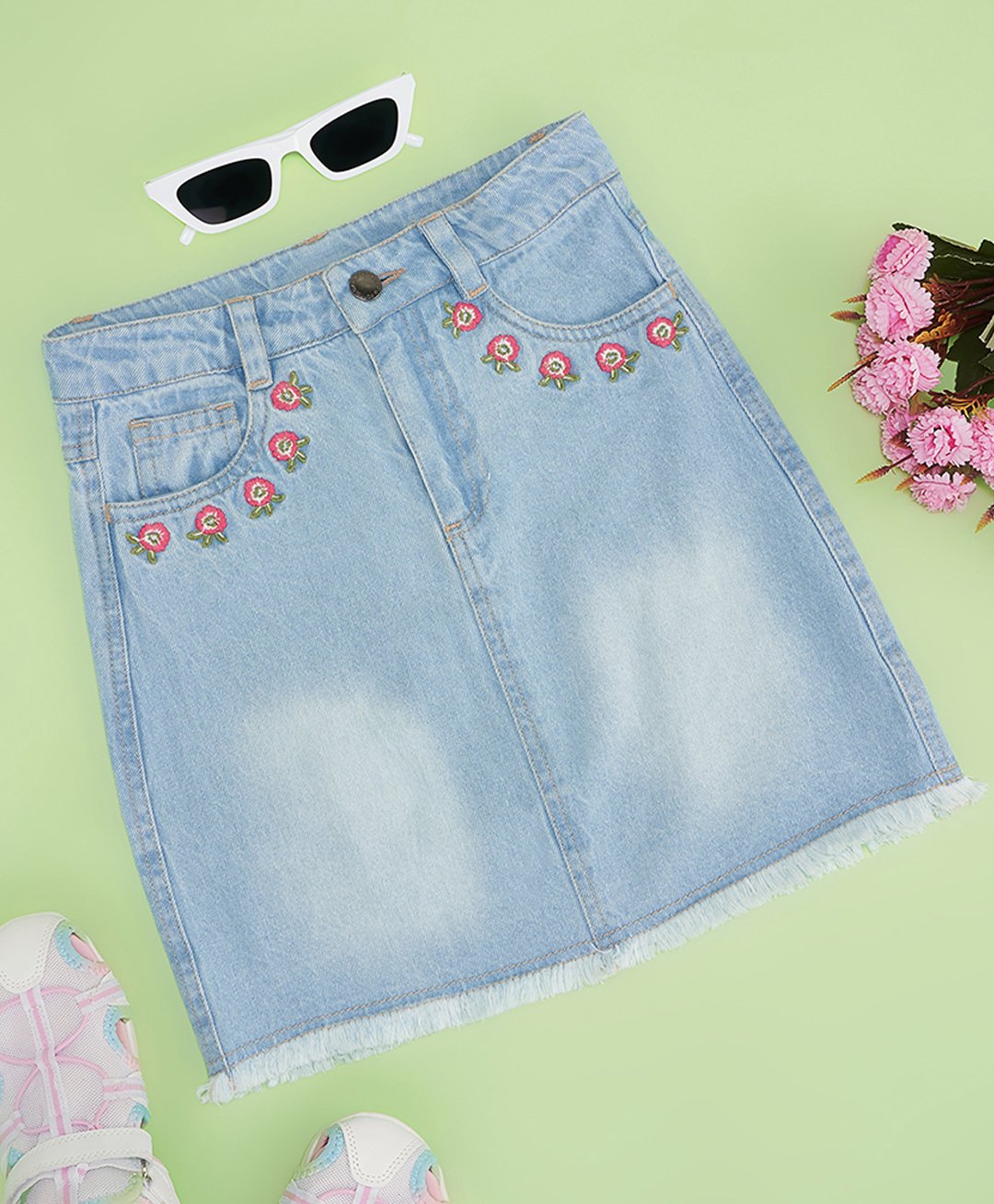 Pantaloons Junior Cotton Mild Washed Floral Embroidered Skirt - Light Blue-picture-28