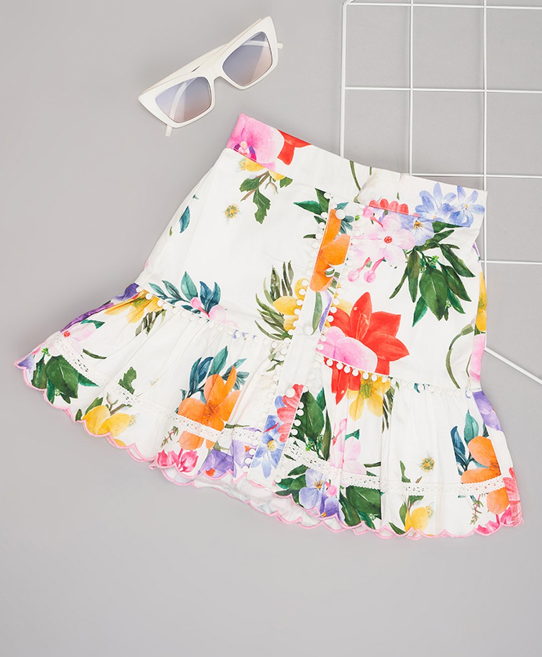 Pantaloons Junior Cotton Floral Printed & Lace Embellished Skirt - White-image-23