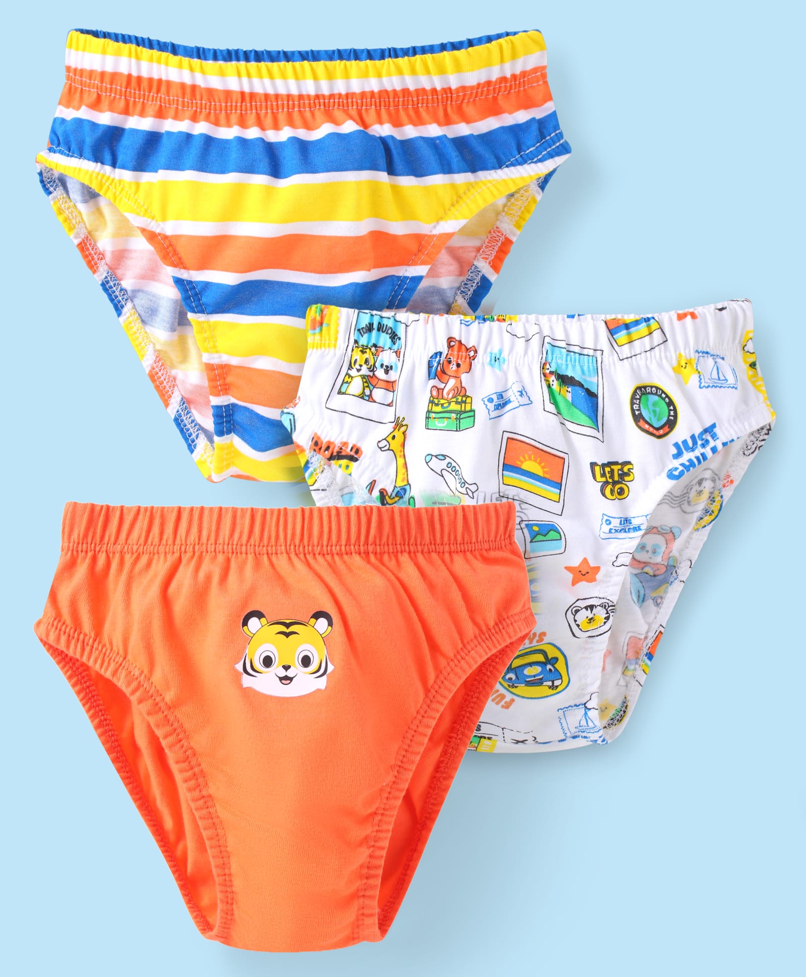 Babyhug 100% Cotton Knit Striped & Animal Printed Briefs Pack of 3 - Coral & White-image-13