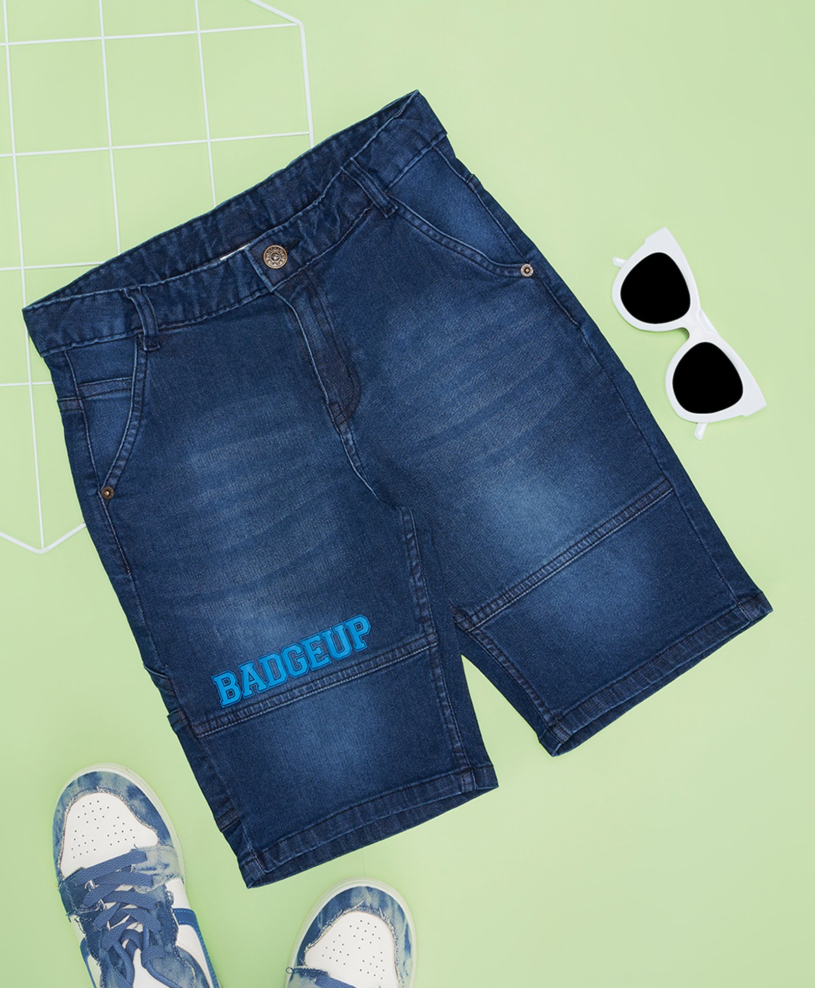 Pantaloons Junior Mild Washed & Badgeup Text Embroidered Shorts - Blue-picture-10